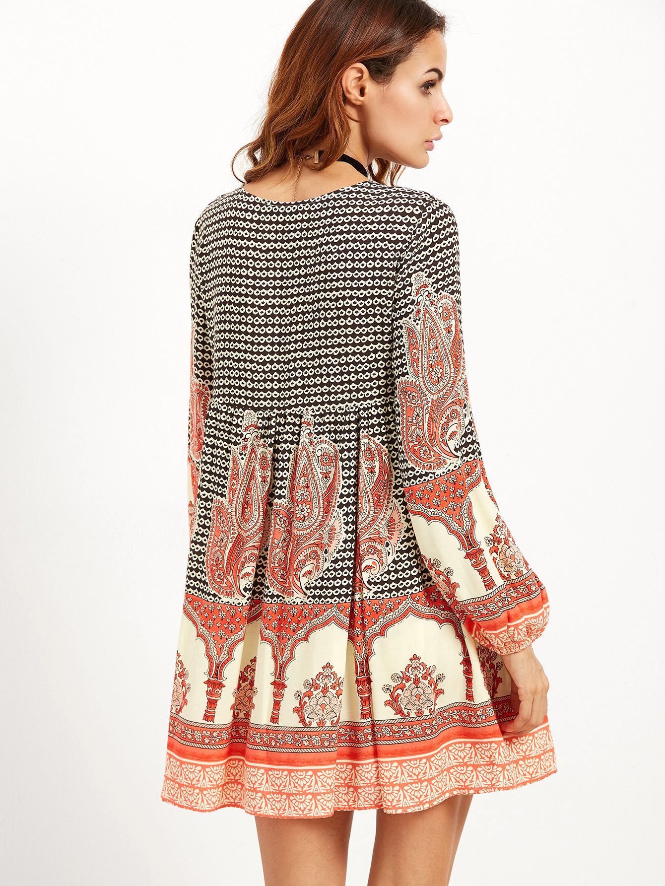 Tribal Print Deep V Neck Lace Up Dress