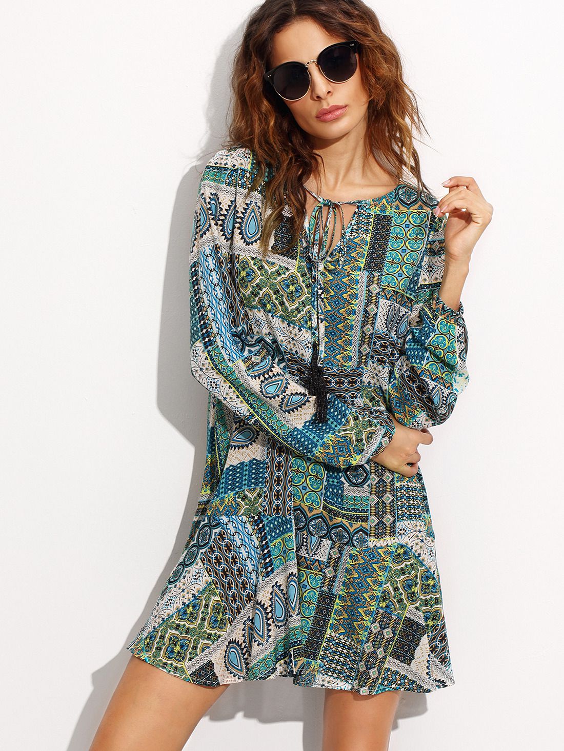 Green Ornate Patchwork Print Tie Neck Tunic Dress