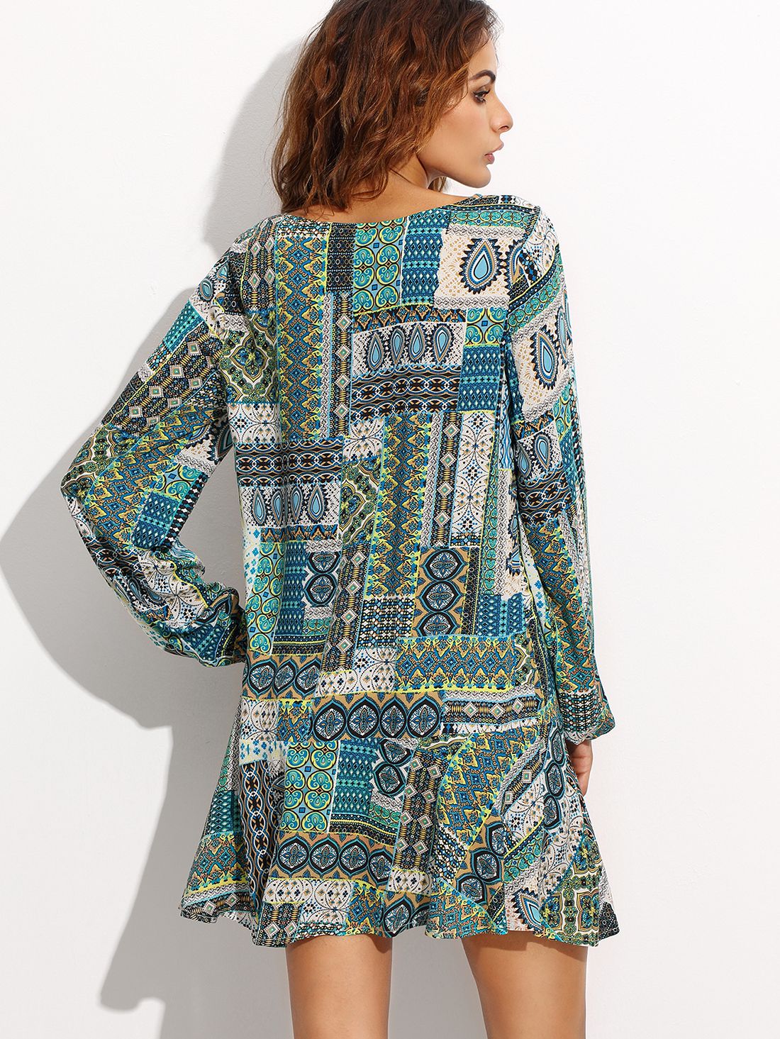 Green Ornate Patchwork Print Tie Neck Tunic Dress