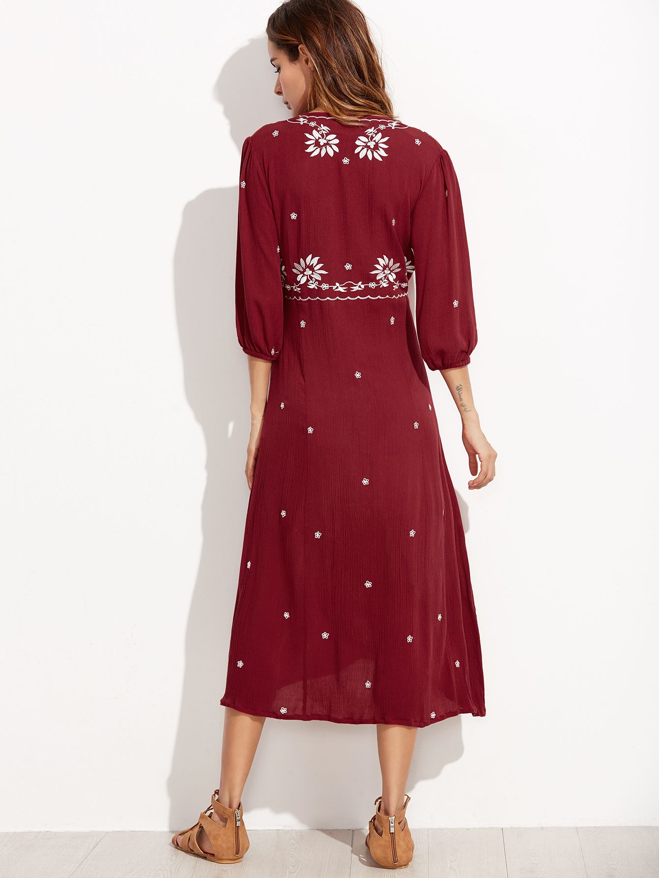 Burgundy Drawstring Waist Embroidered Peasant Dress