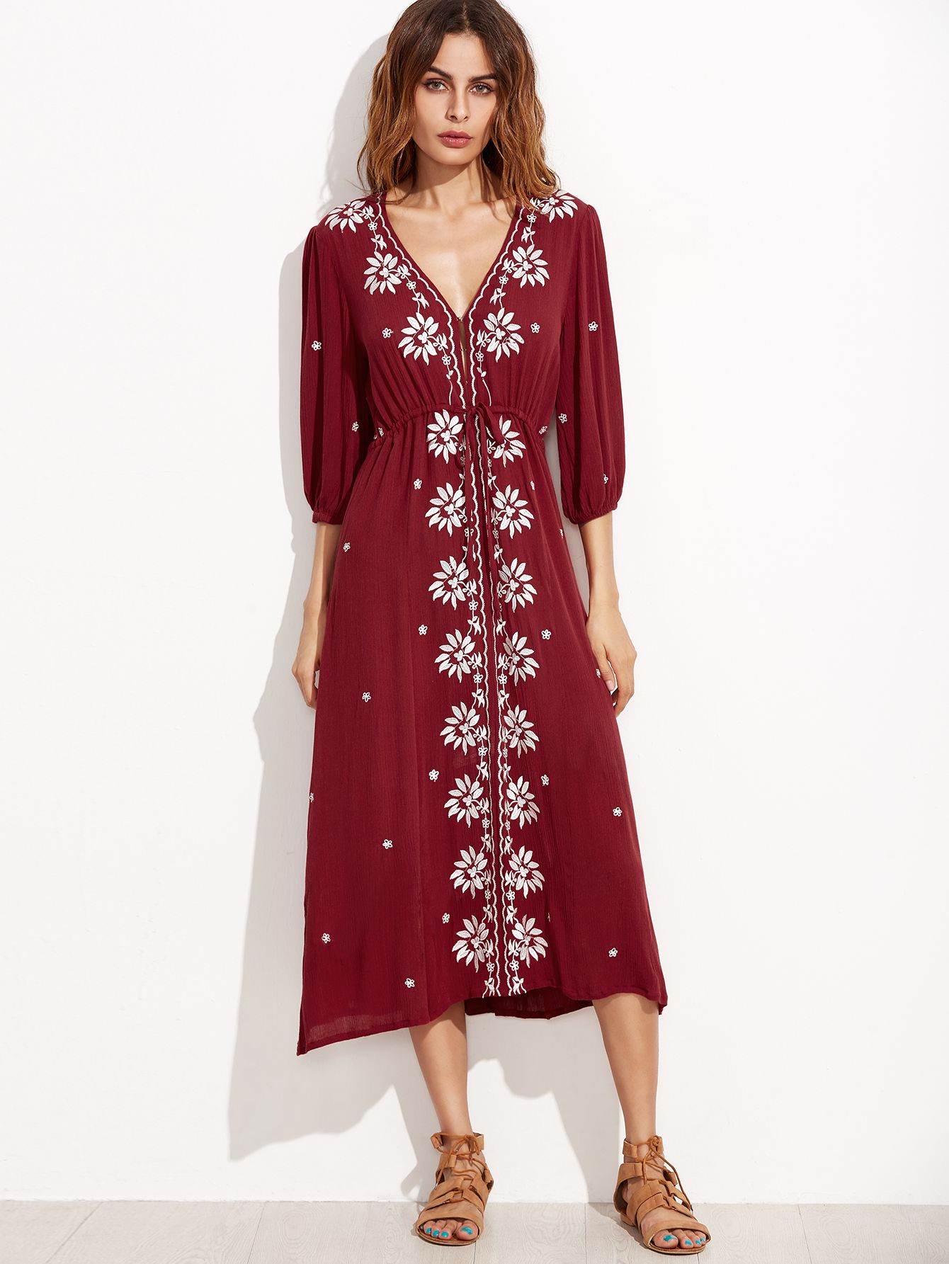 Burgundy Drawstring Waist Embroidered Peasant Dress