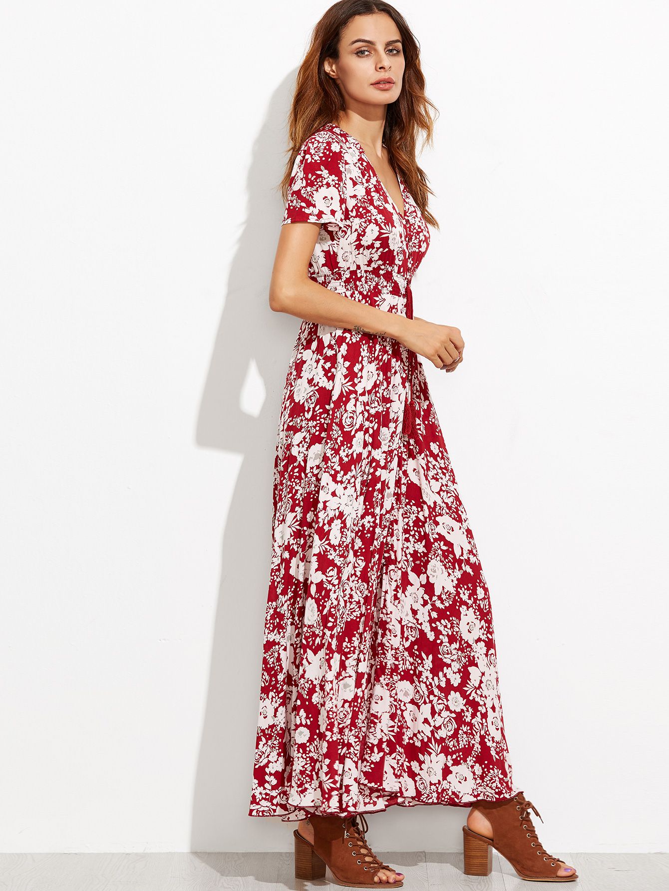 Burgundy Floral Self Tie Fringe Split Dress