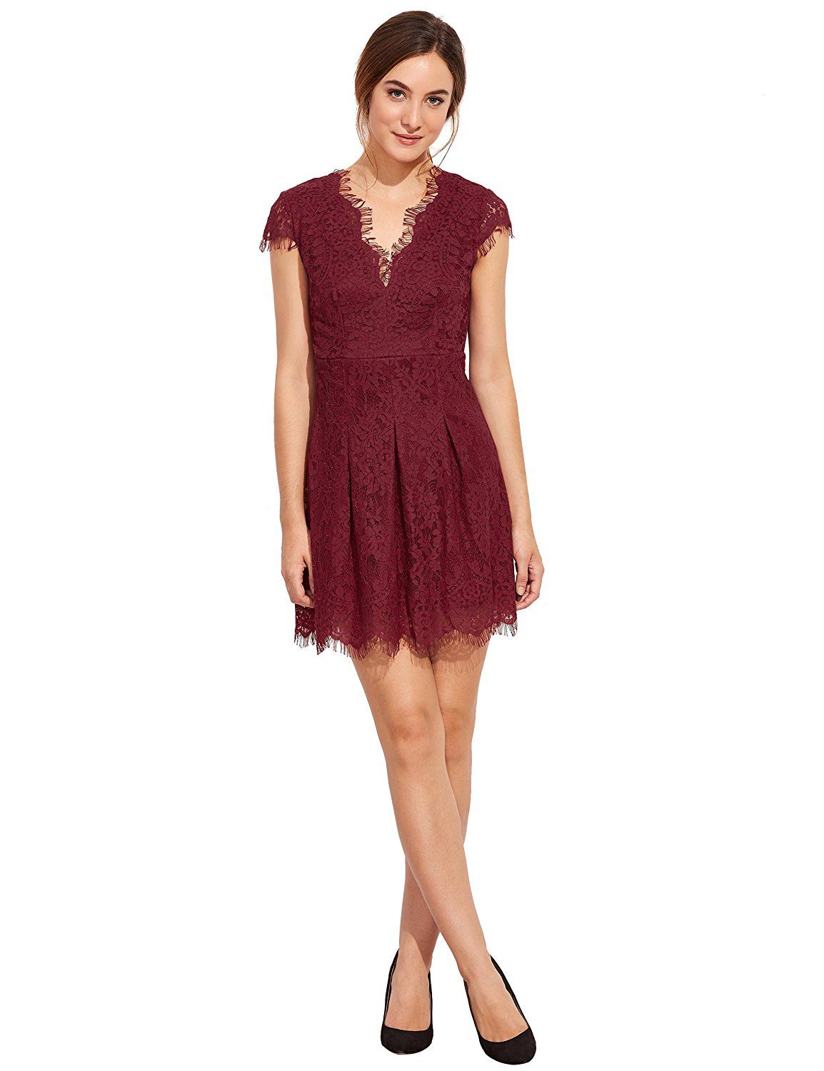 Burgundy Deep V Neck Cap Sleeve Lace Dress