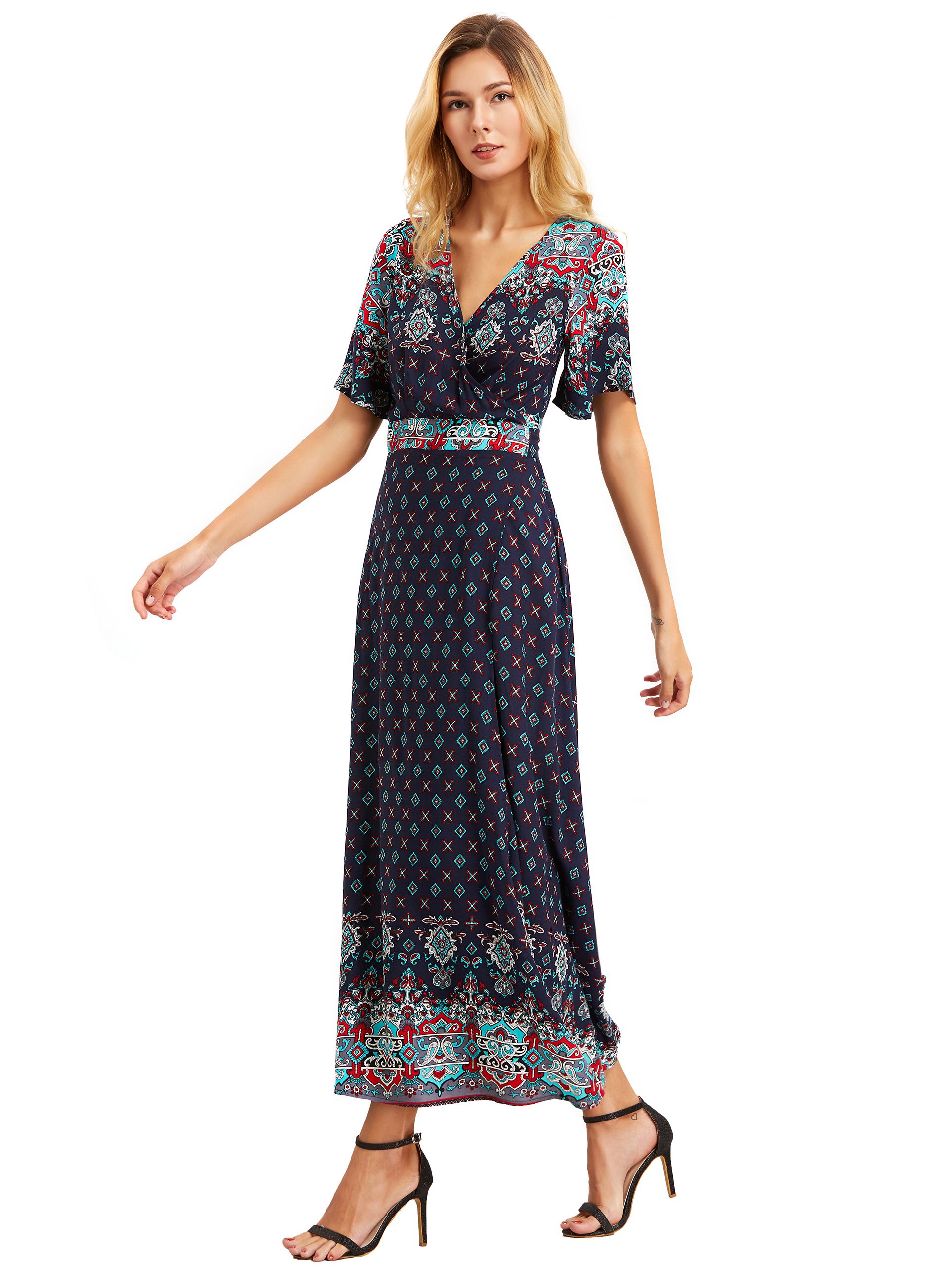 Green Print V Neck Half Sleeve Split Dress