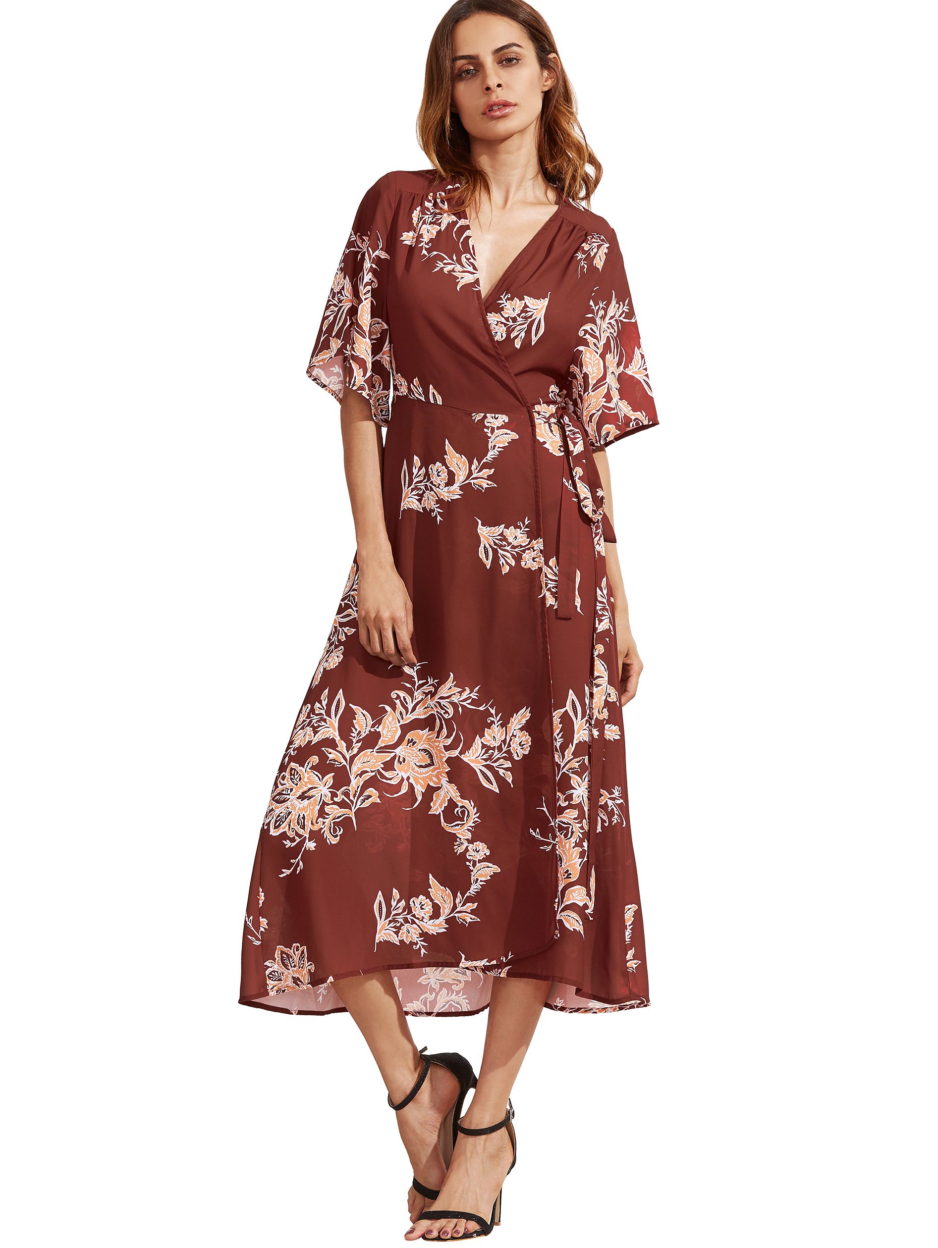 V Neck Florals Wrap Dress