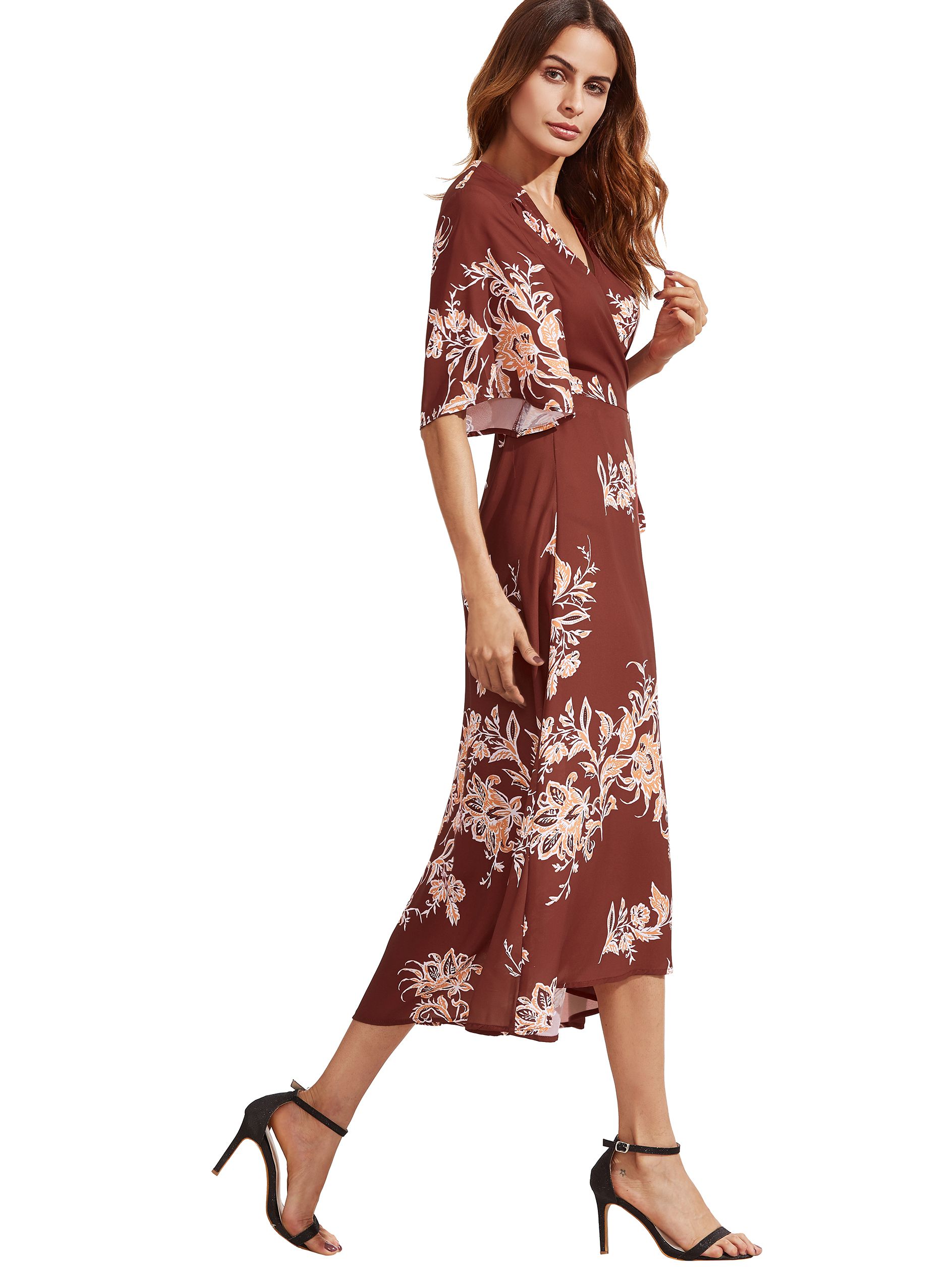 V Neck Florals Wrap Dress