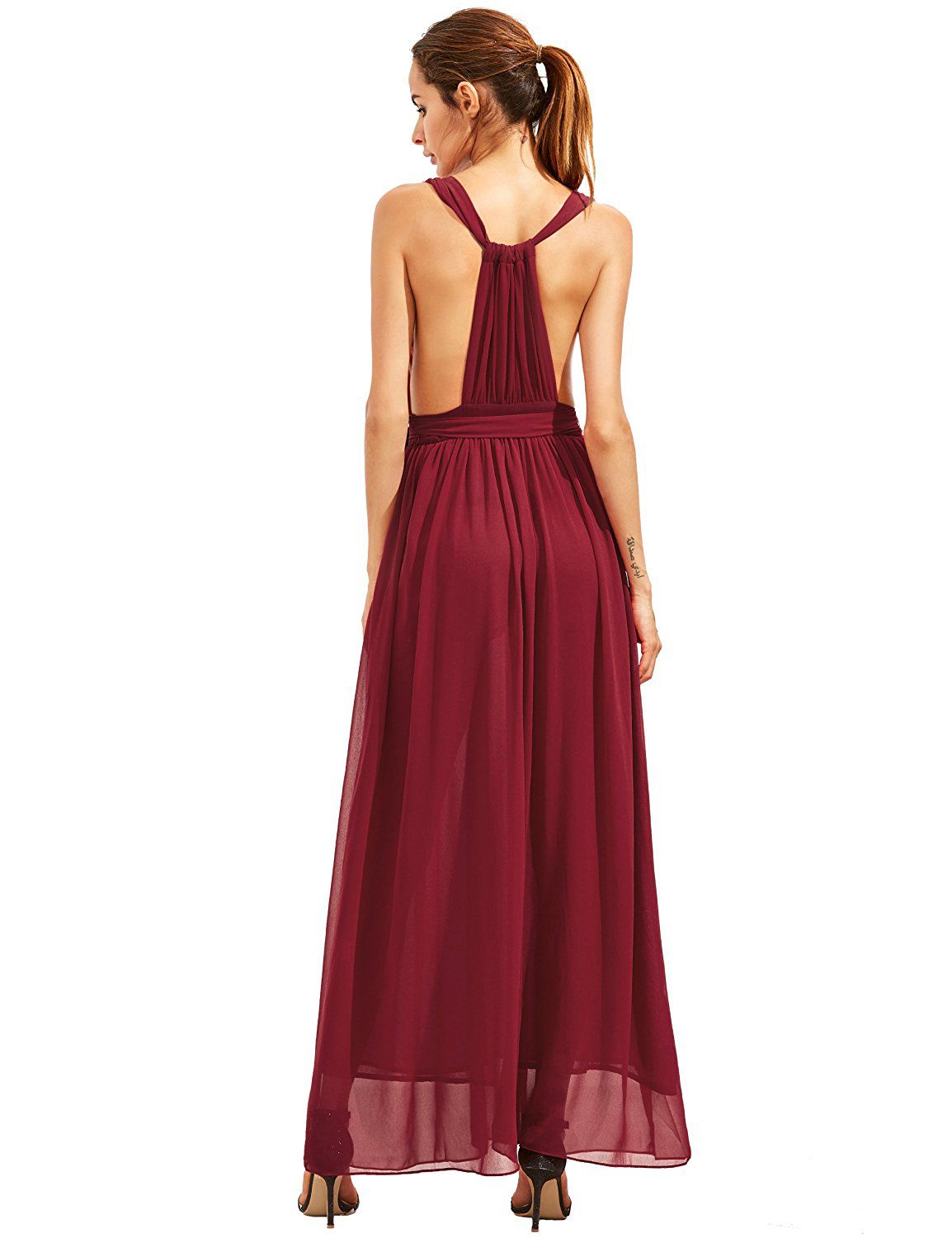 Burgundy Deep V Neck Self Tie Waist Maxi Dress