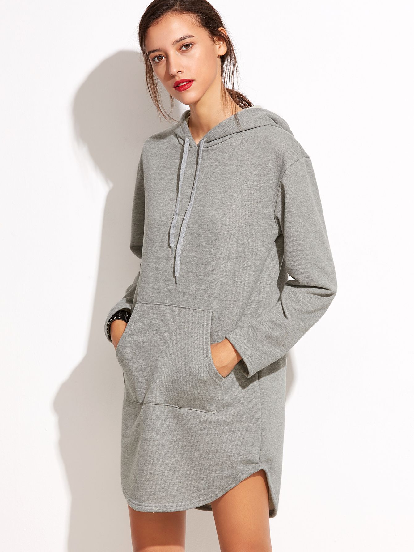 Grey Hooded Pocket Sweatshirt Dress