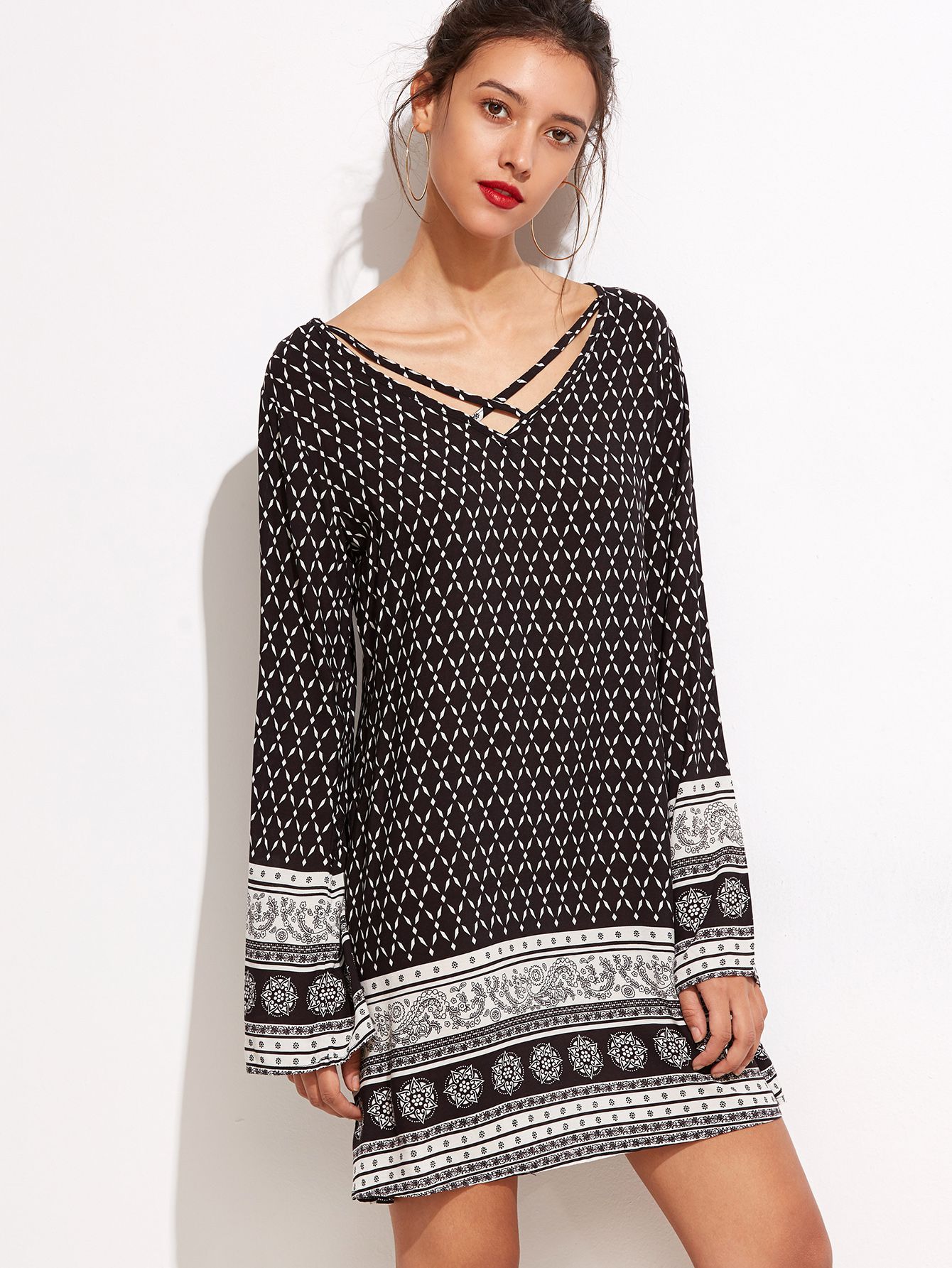 Vintage Print V Neck Criss Cross Tunic Dress