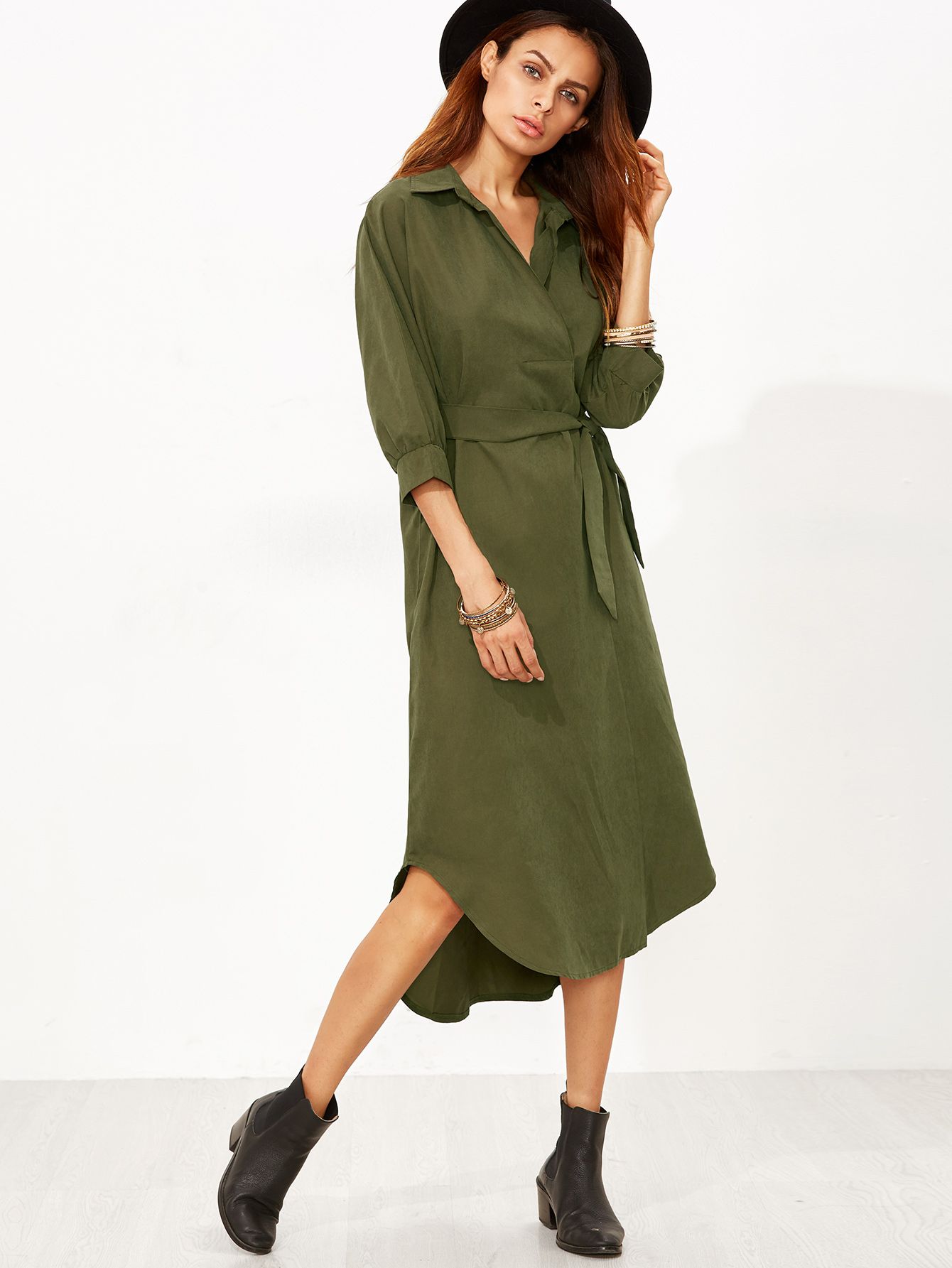 Army Green Dip Hem Belt Shirt Dress