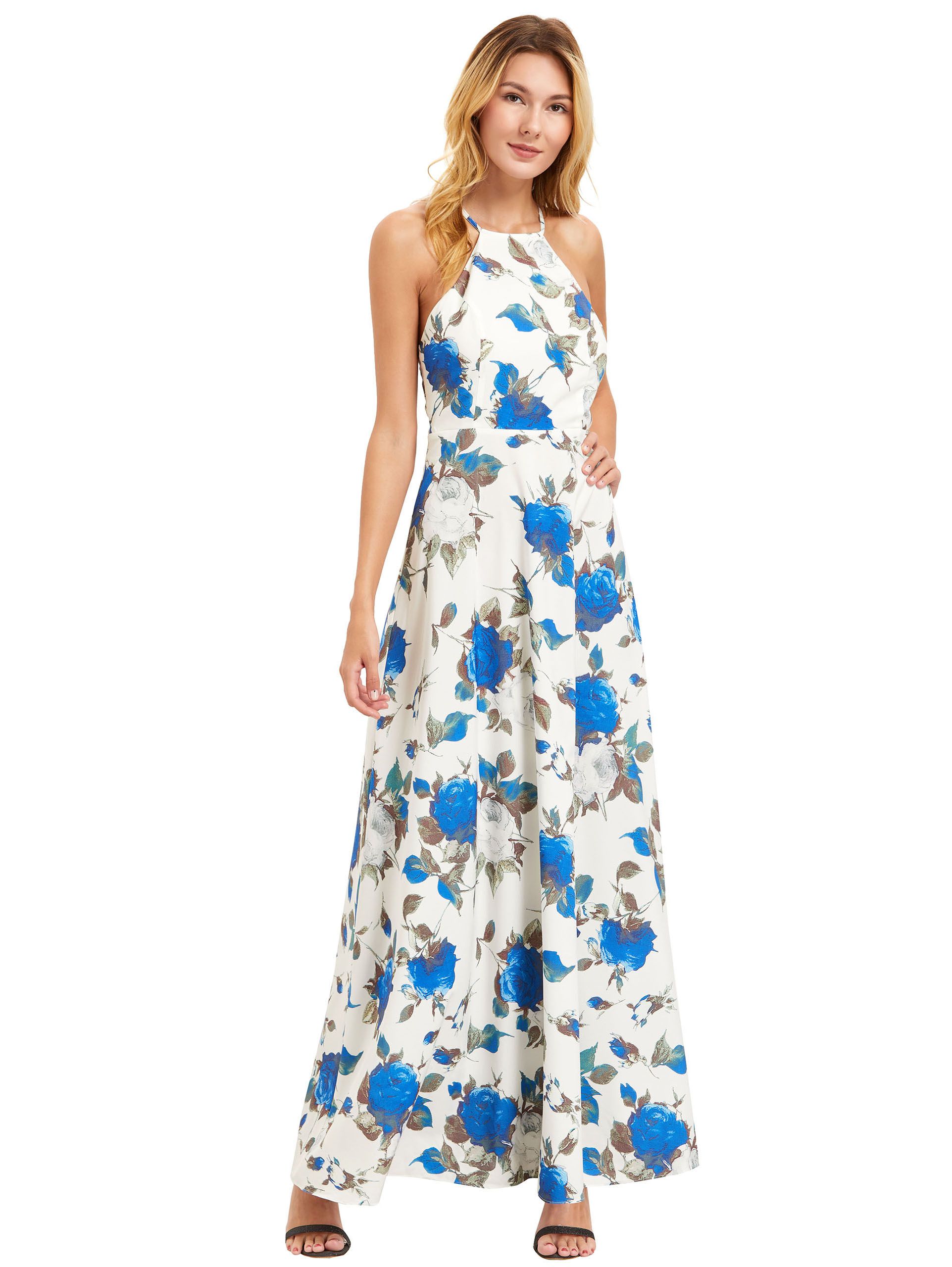 White Floral Print Halter Neck Maxi Dress