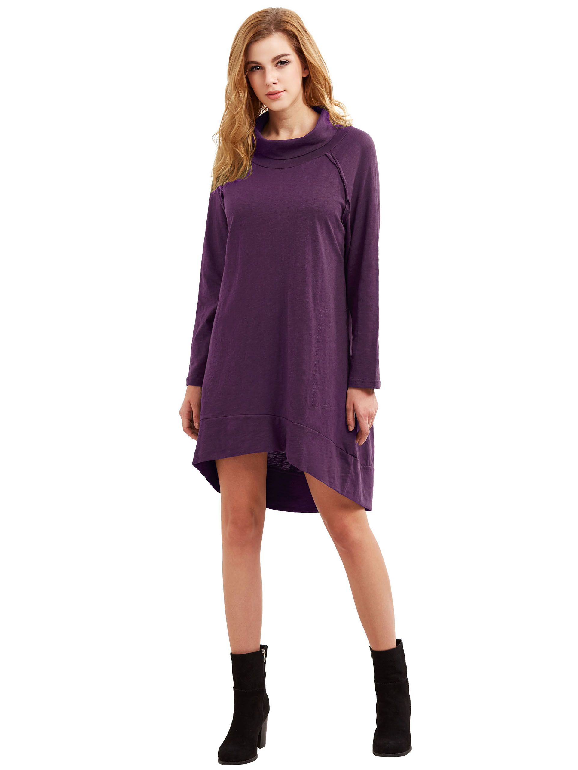 Purple Cowl Neck Long Sleeve High Low Dress