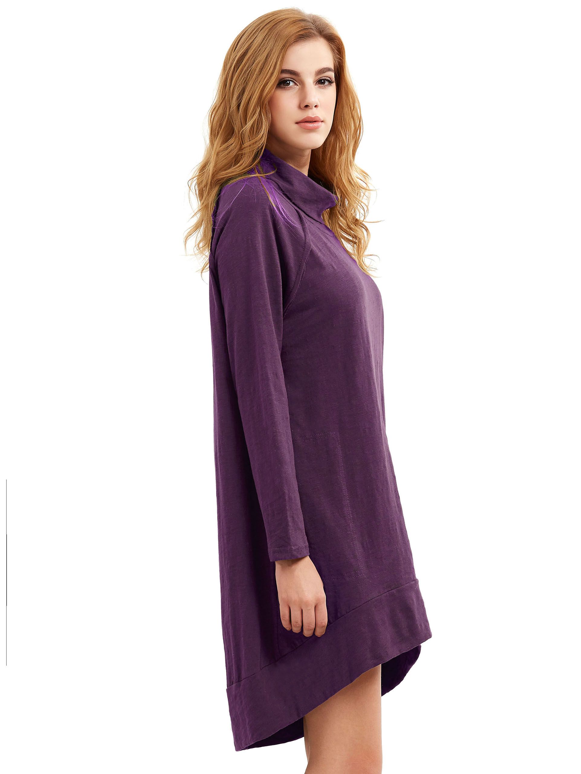 Purple Cowl Neck Long Sleeve High Low Dress