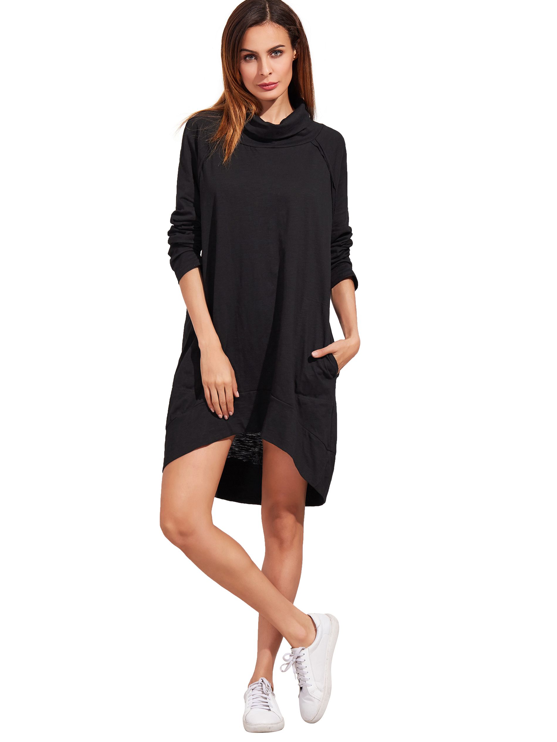 Black Cowl Neck Long Sleeve High Low Dress