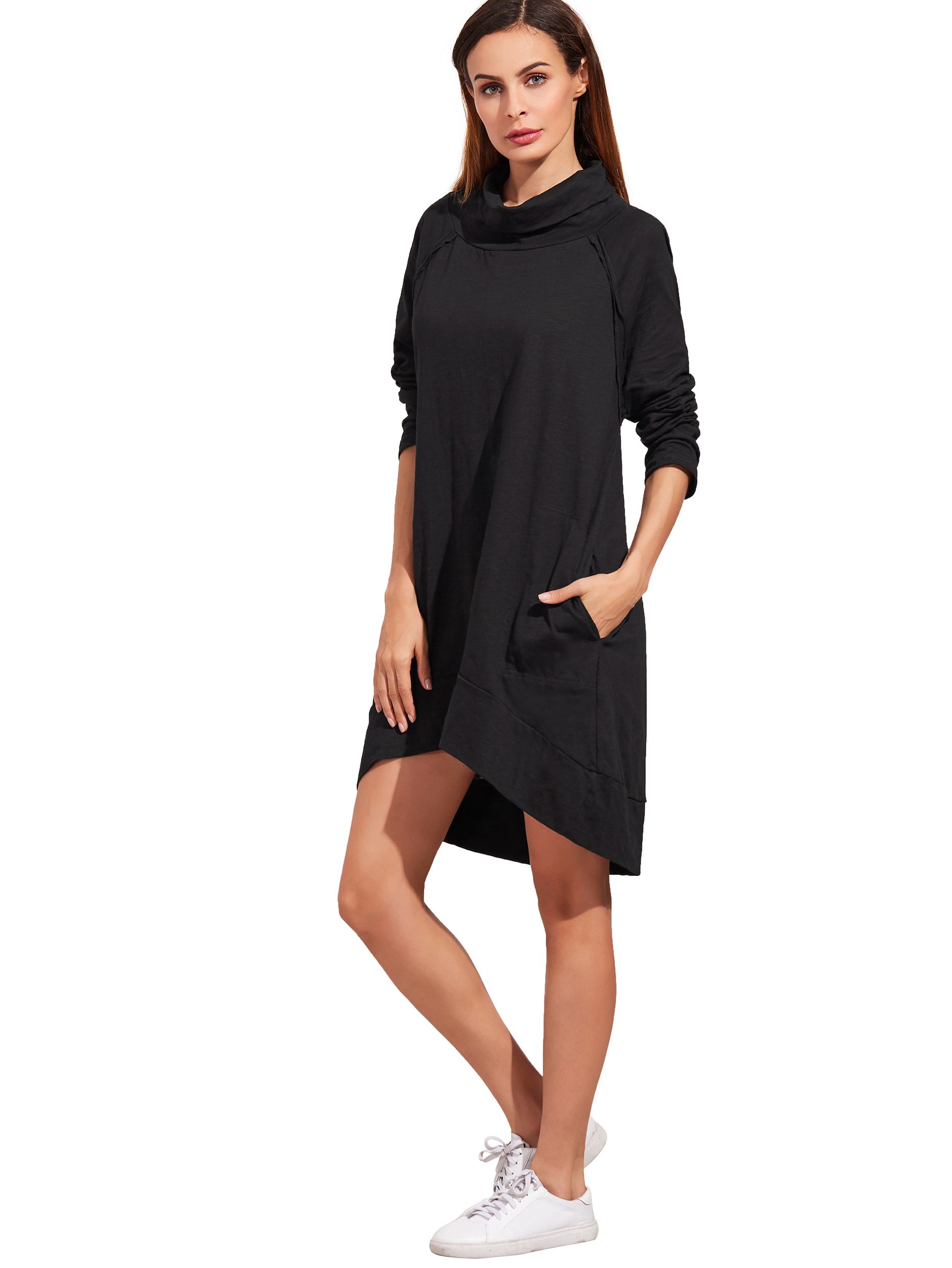 Black Cowl Neck Long Sleeve High Low Dress