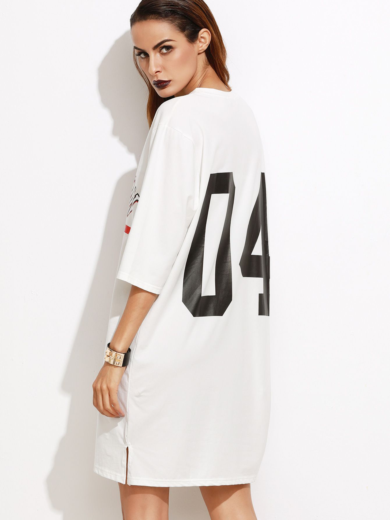 White Varsity Print Slit Side Tee Dress