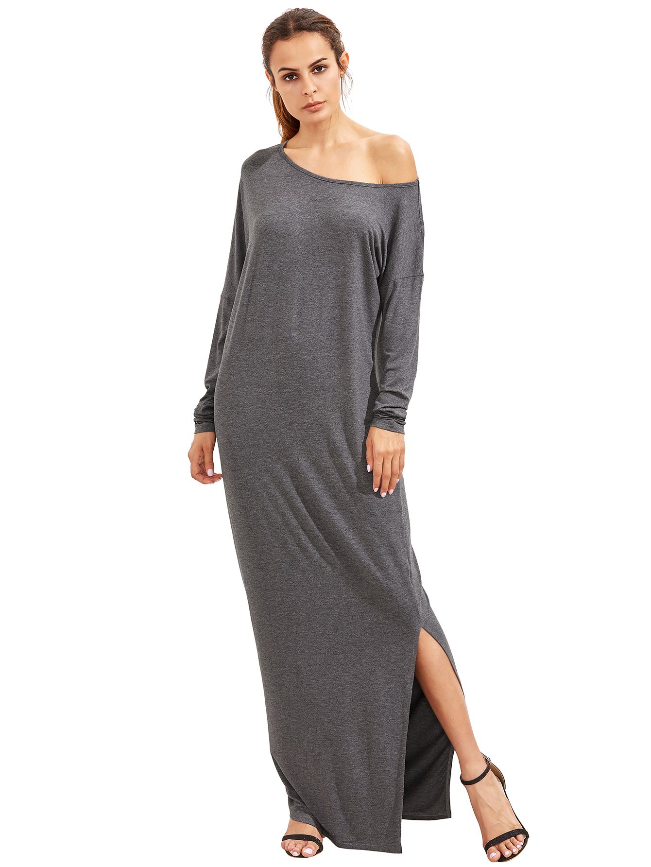 Dark Grey Oblique Shoulder Boatneck Bat Sleeve Slit Dress