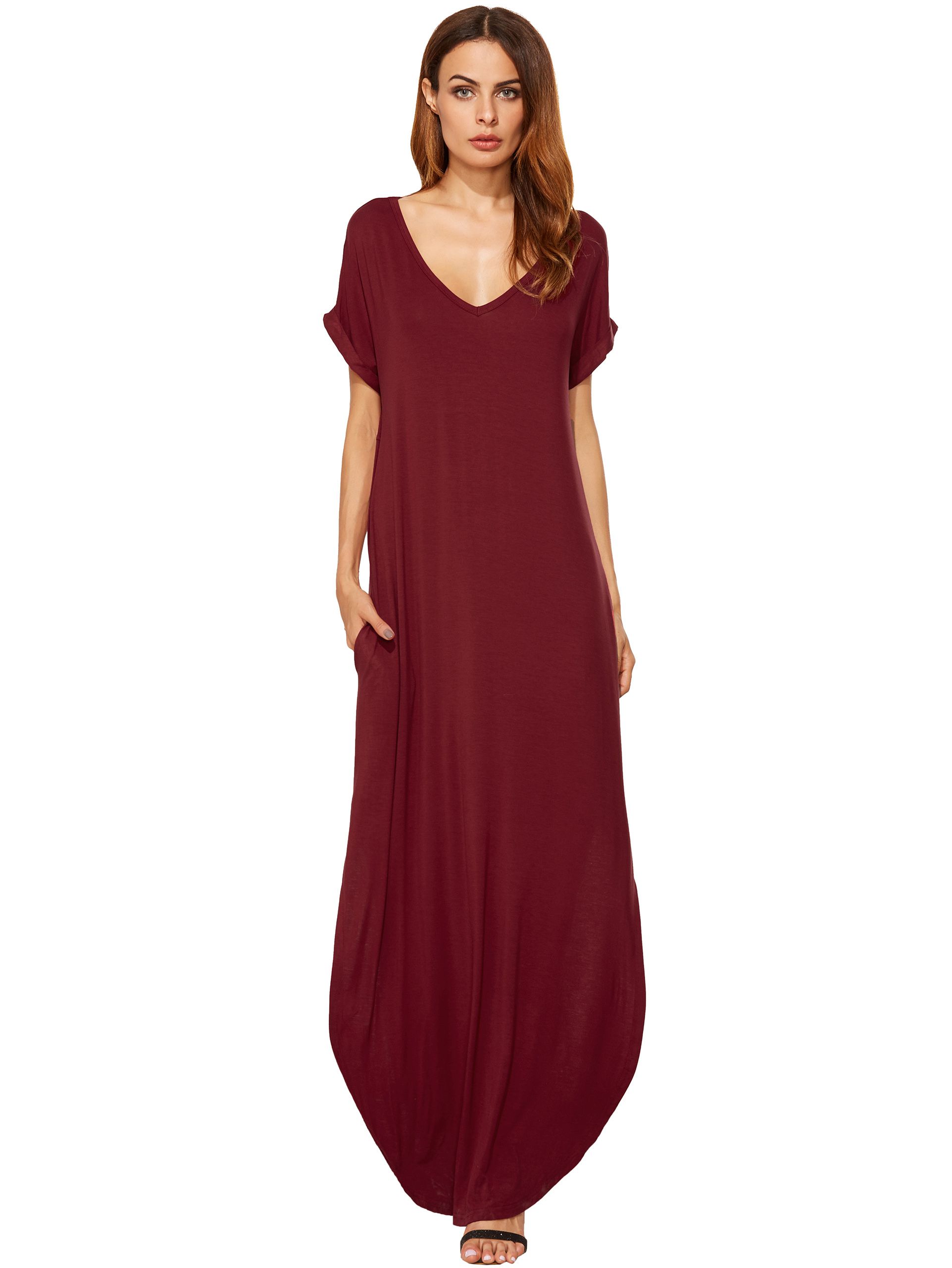 Red Rolled-cuff Pockets Split Maxi Dress