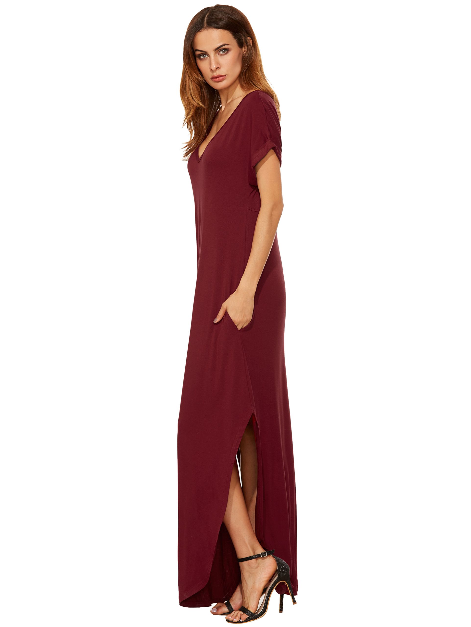 Red Rolled-cuff Pockets Split Maxi Dress