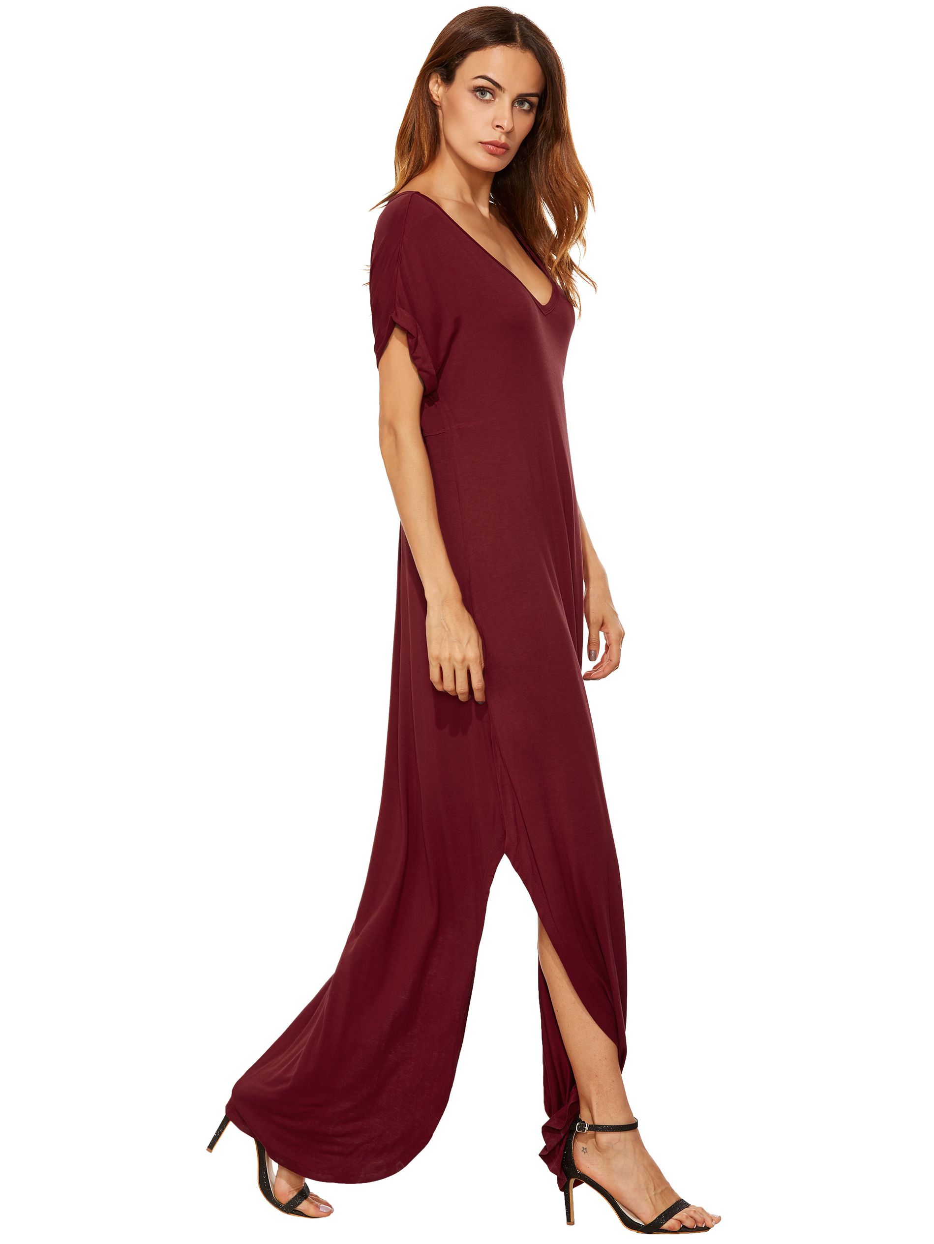 Red Rolled-cuff Pockets Split Maxi Dress