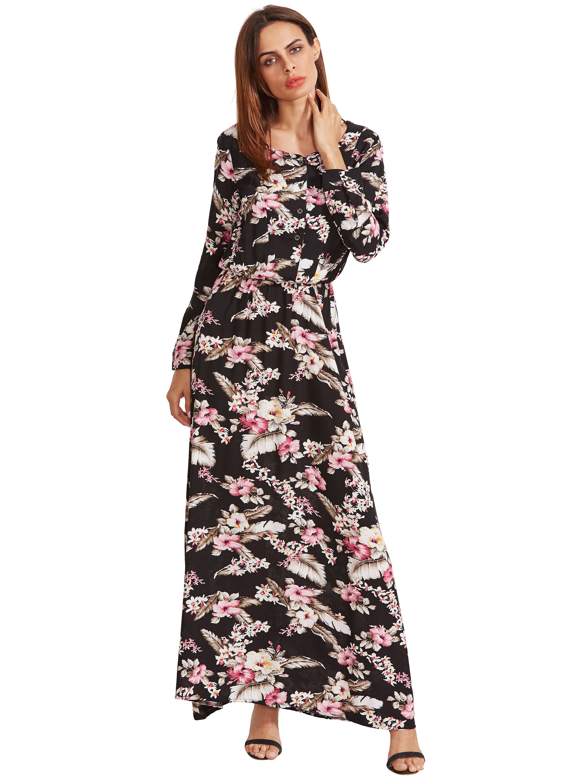 Black Blossom Print Buttoned Front Dress