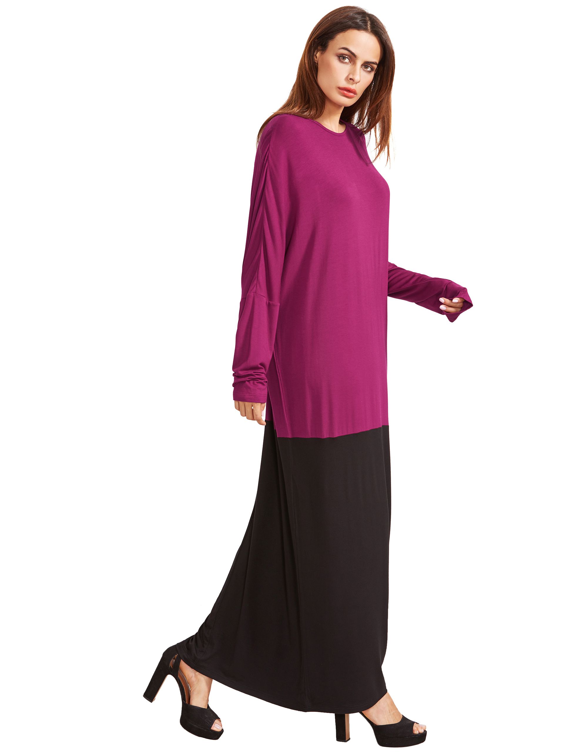 Color Block Round Neck Long Sleeve Maxi Dress