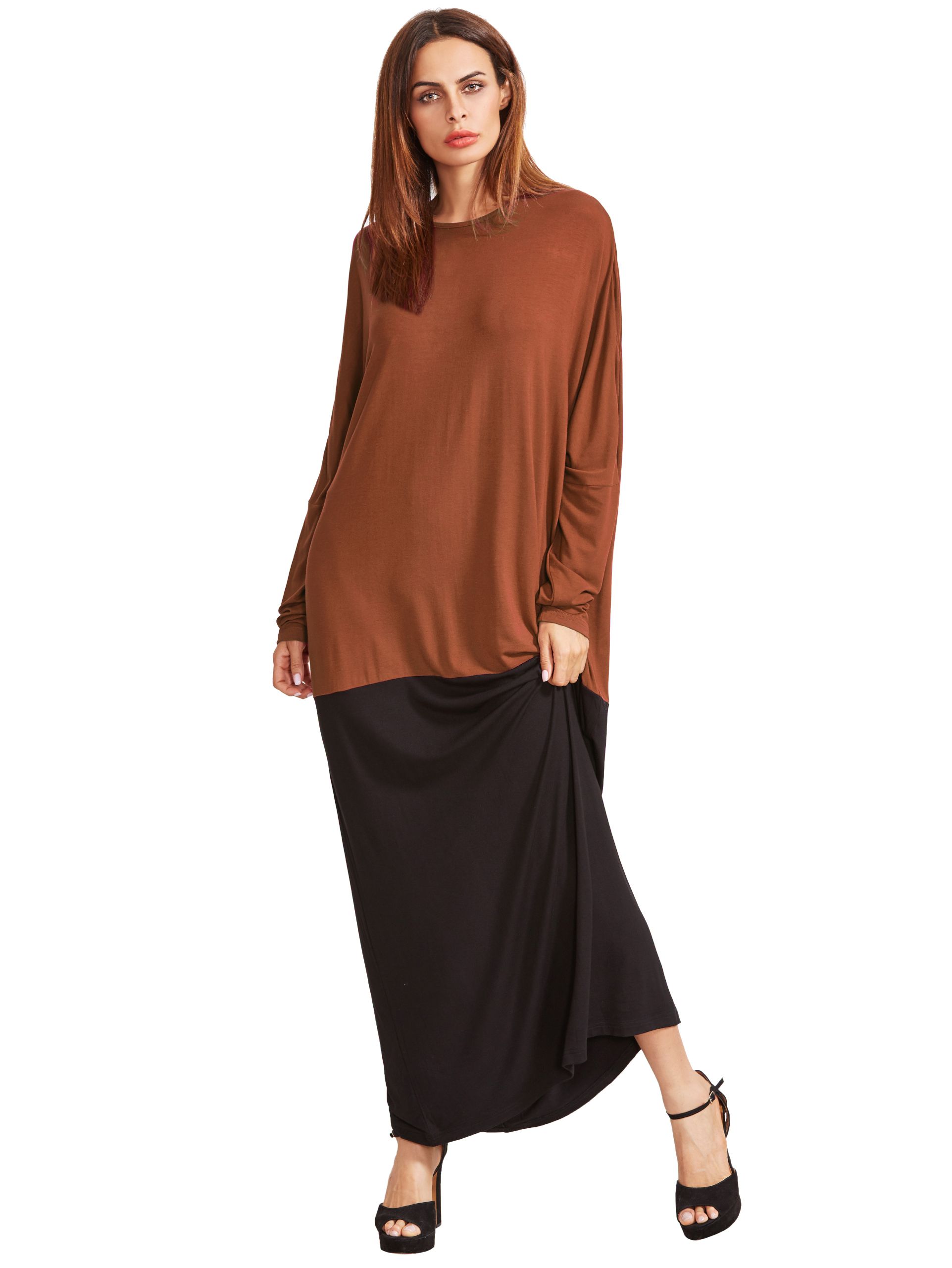 Color Block Round Neck Long Sleeve Maxi Dress