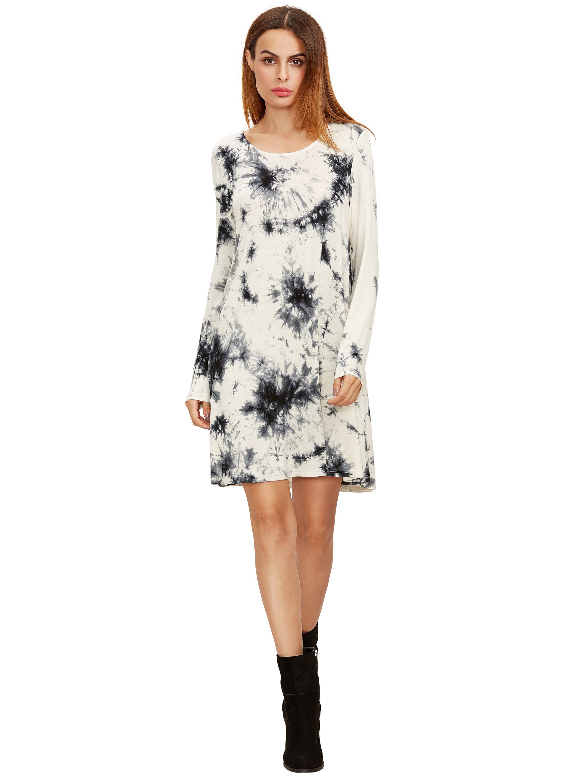 Black And White Ink Print Tie-dye Long Sleeve Dress