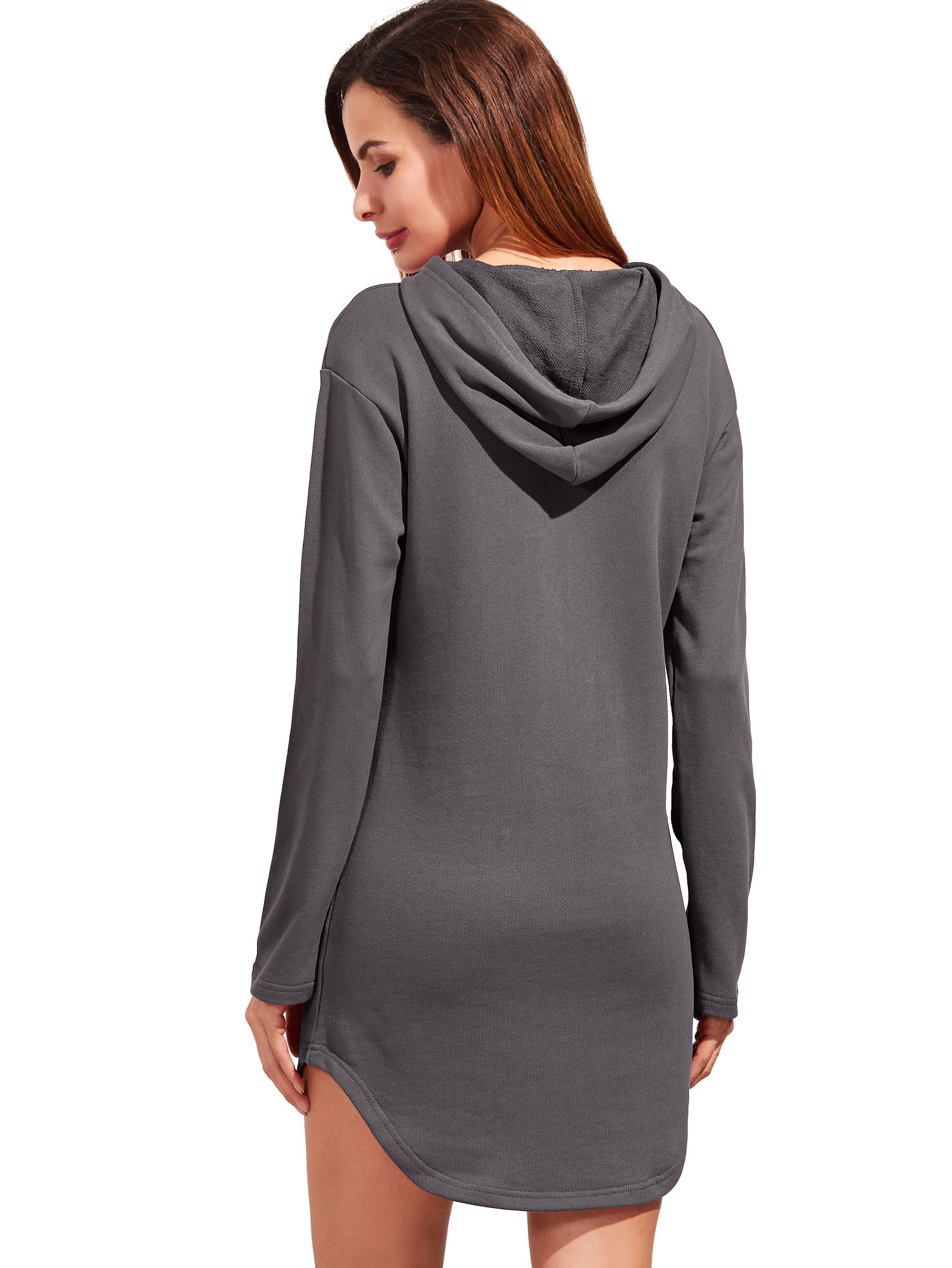 Heather Grey Curved Hem Hooded Sweatshirt Dress With Pocket