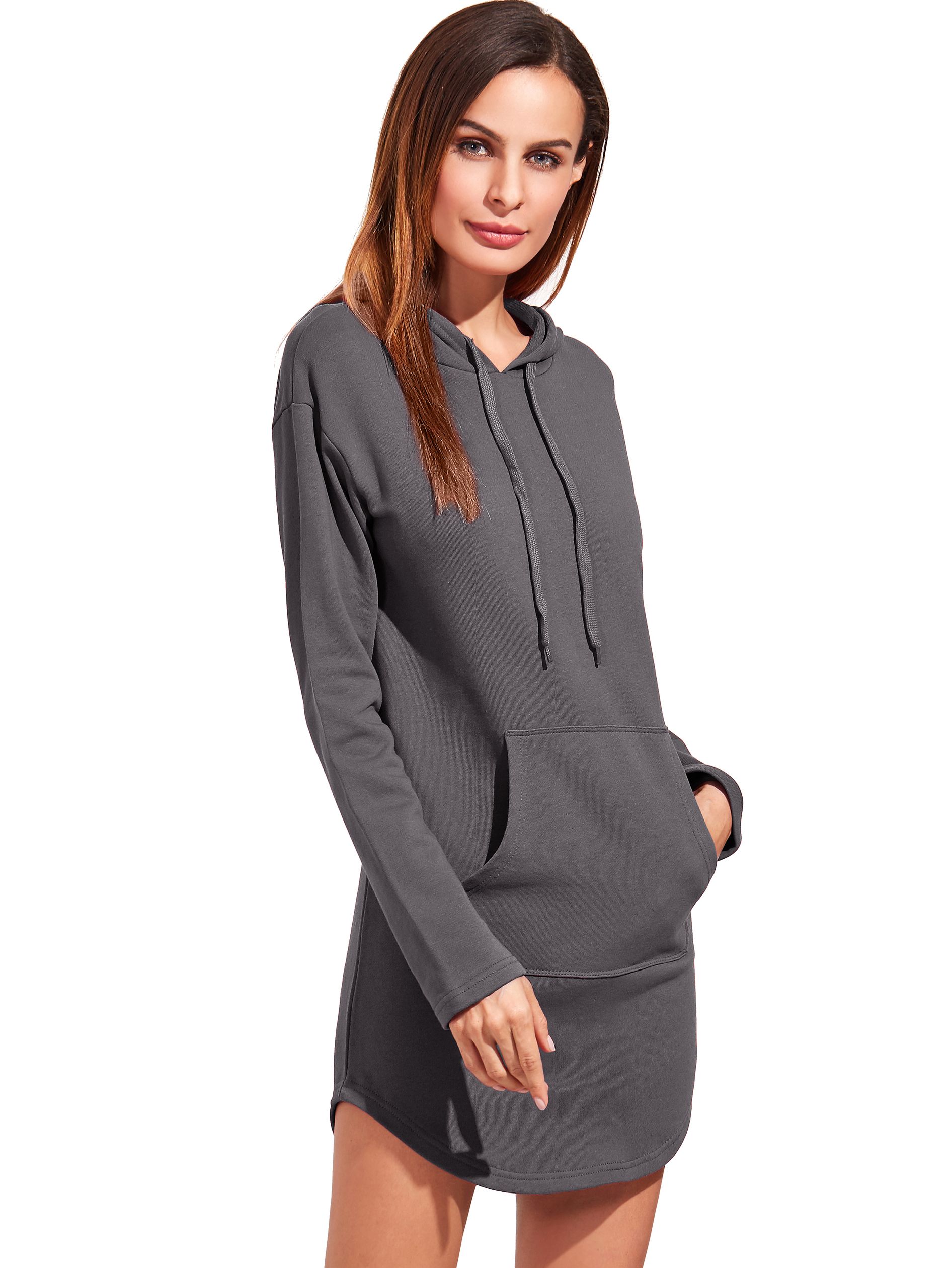 Heather Grey Curved Hem Hooded Sweatshirt Dress With Pocket