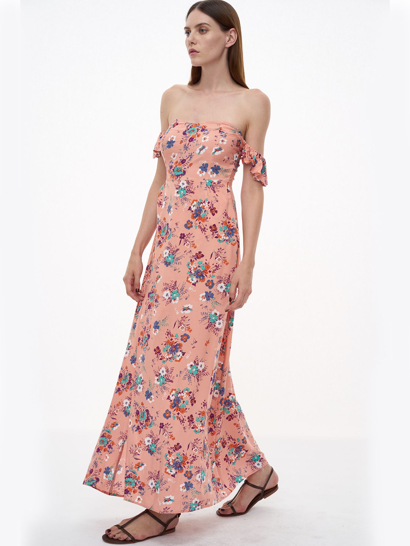 Pink Florals Off The Shoulder Slit Ruffle Dress