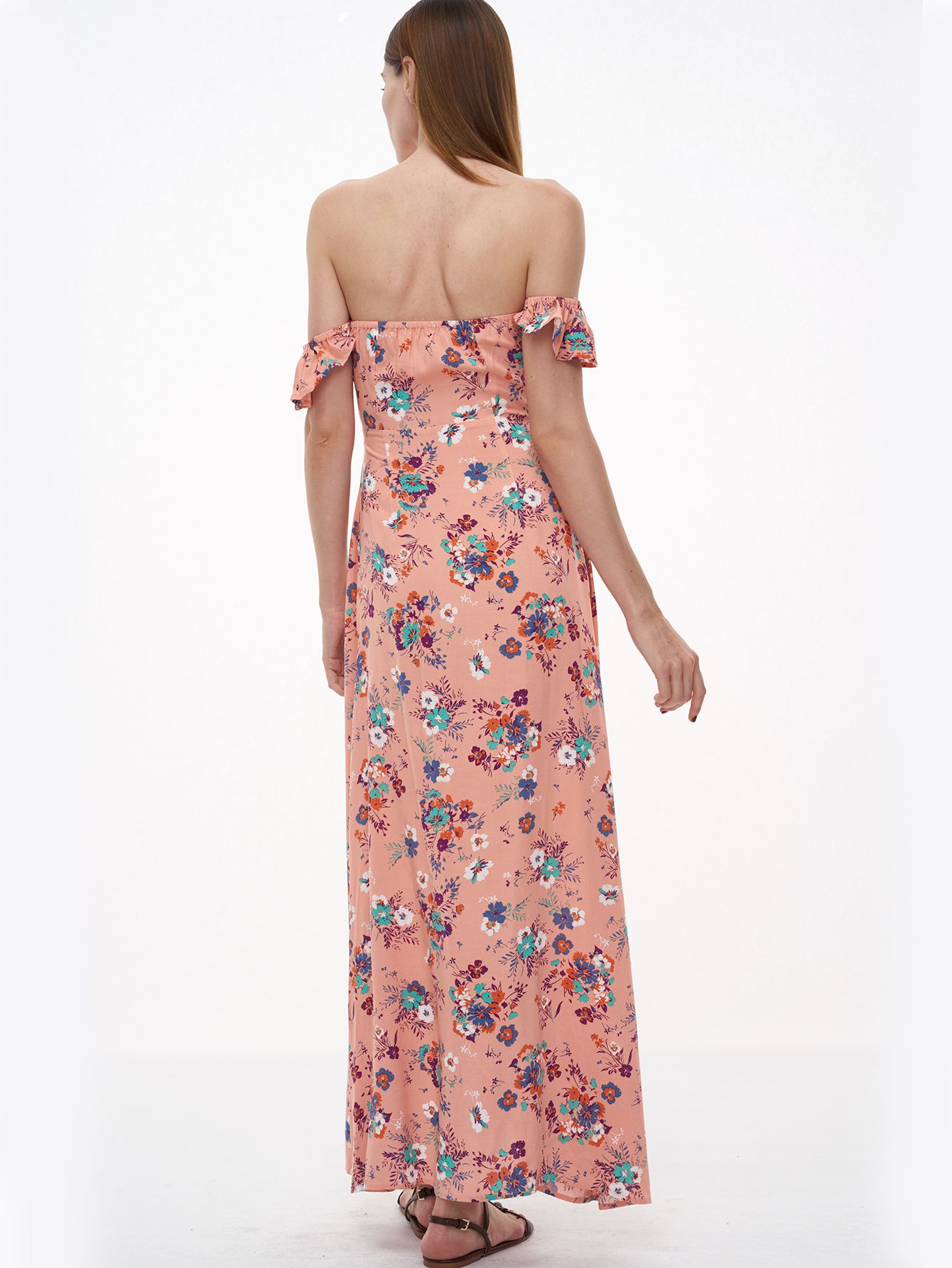 Pink Florals Off The Shoulder Slit Ruffle Dress