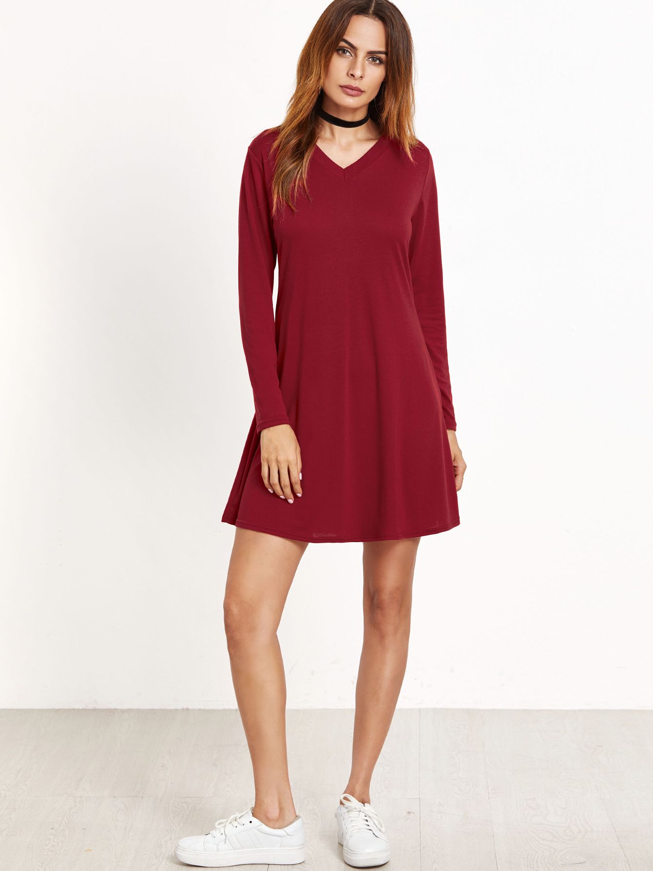 Burgundy V Neck Tee Dress