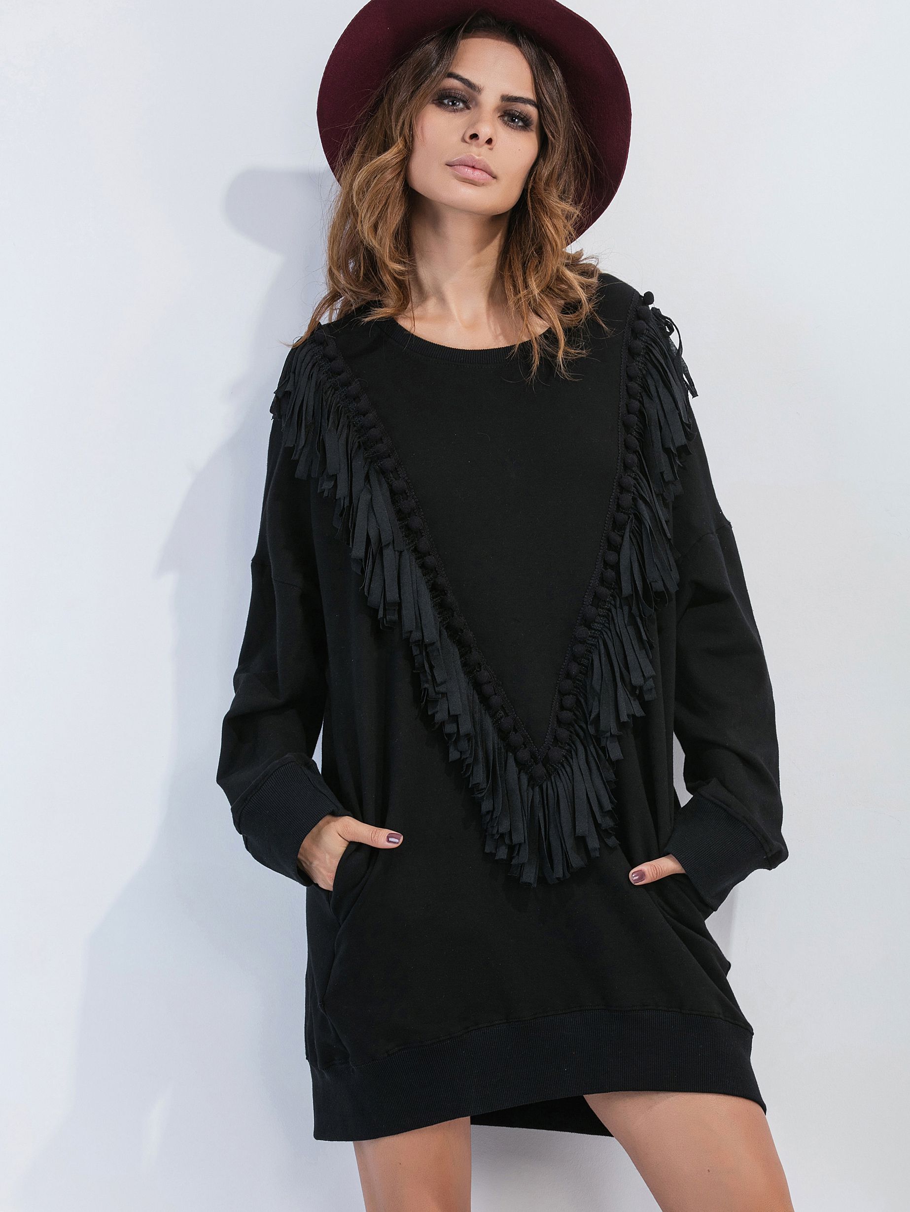 Black Drop Shoulder Fringe Pom Pom Trim Sweatshirt Dress