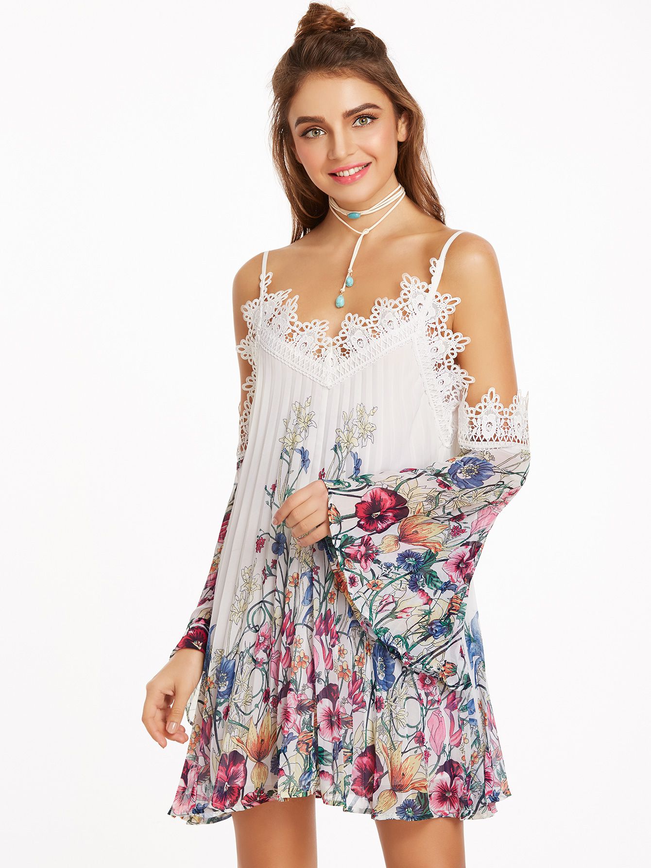 Multicolor Botanical Print Lace Trim Cold Shoulder Pleated Dress