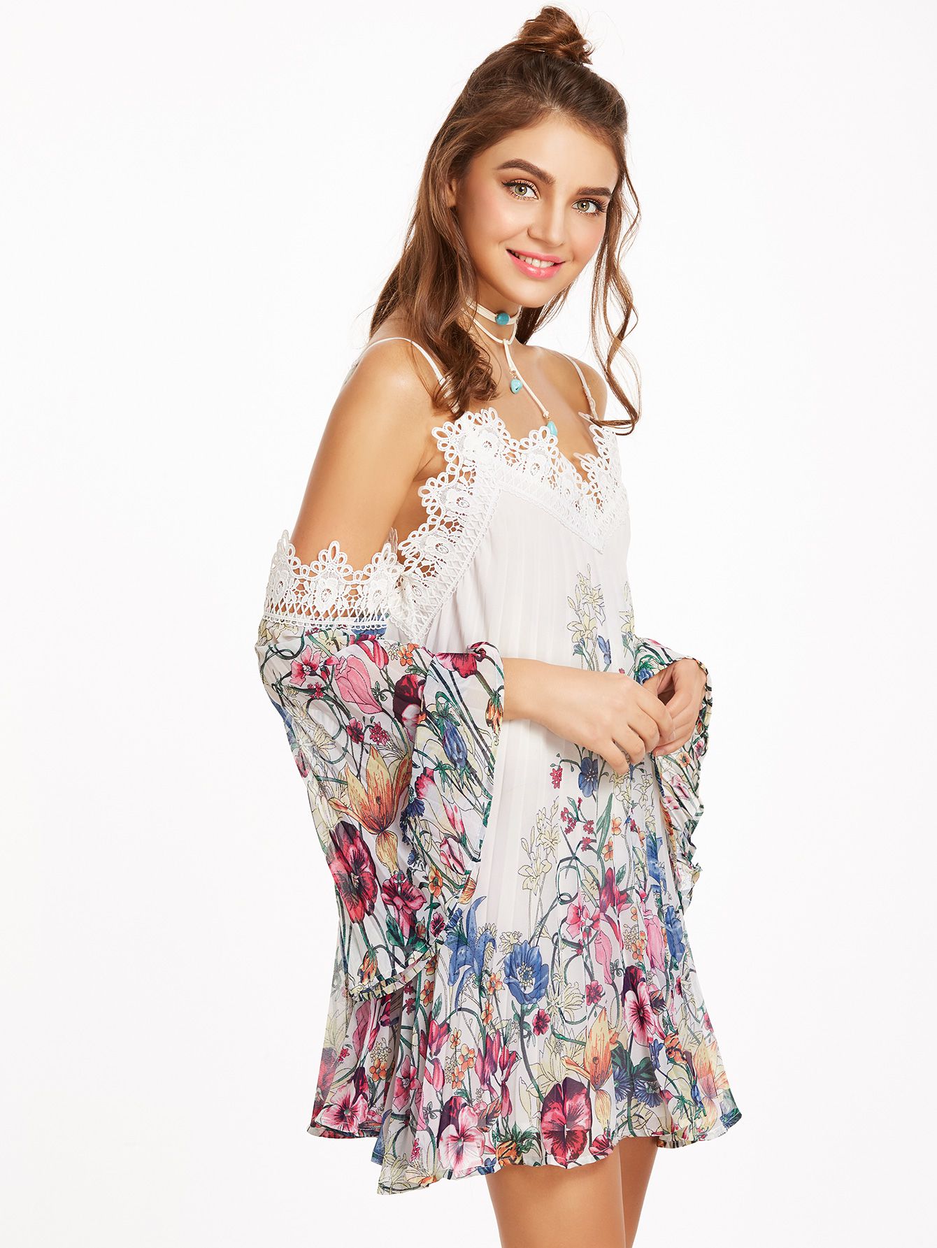 Multicolor Botanical Print Lace Trim Cold Shoulder Pleated Dress