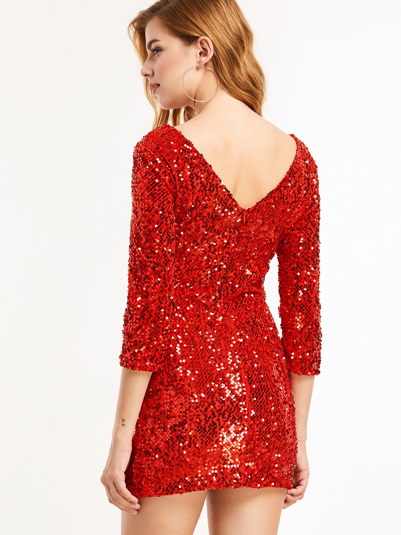 Red Sequin V Back Bodycon Dress