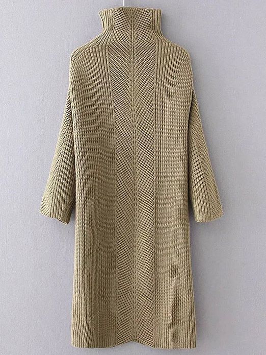 Army Green Turtleneck Drop Shoulder Sweater Dress