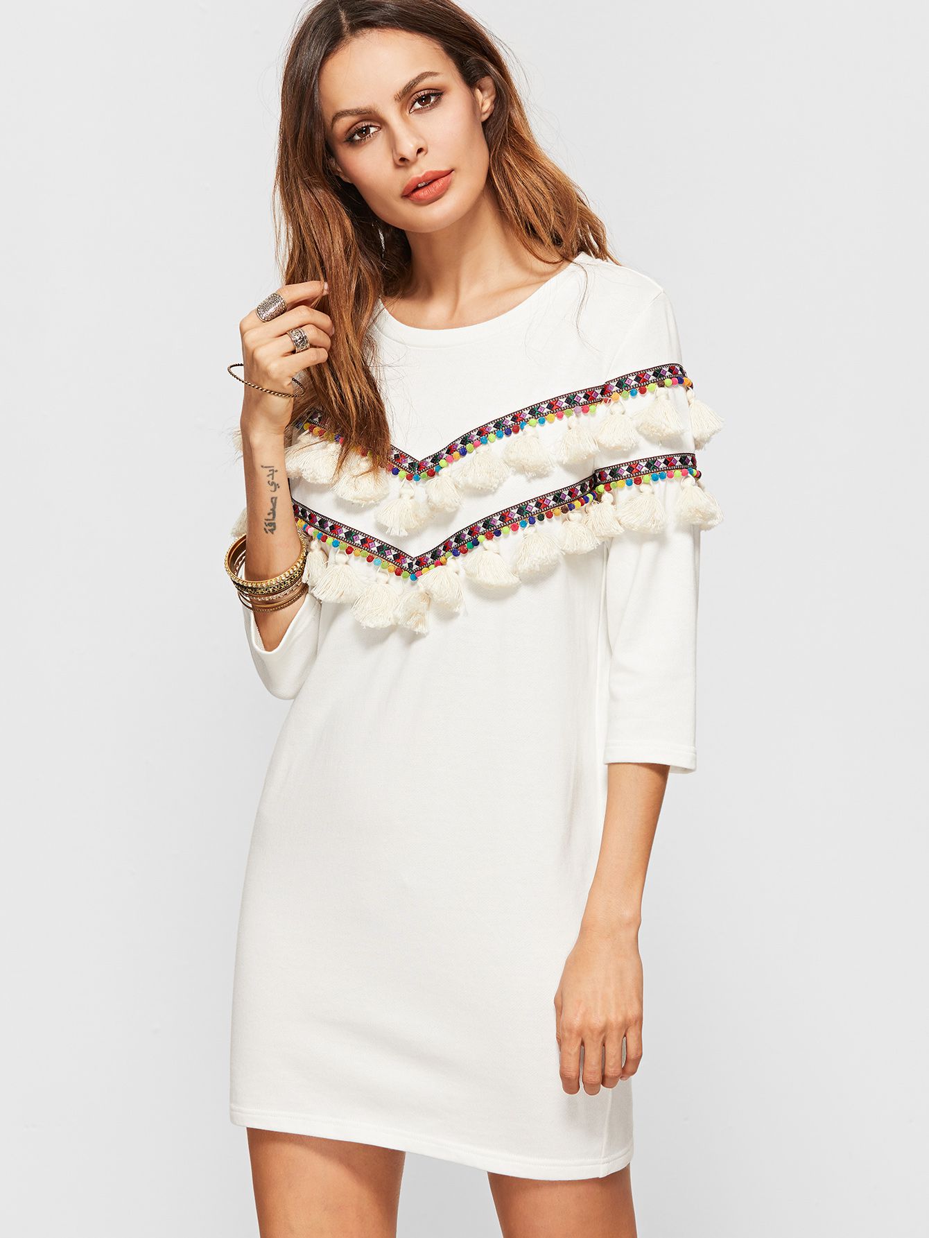 White 3/4 Sleeve Dress With Embroidered Tape And Tassel Detail