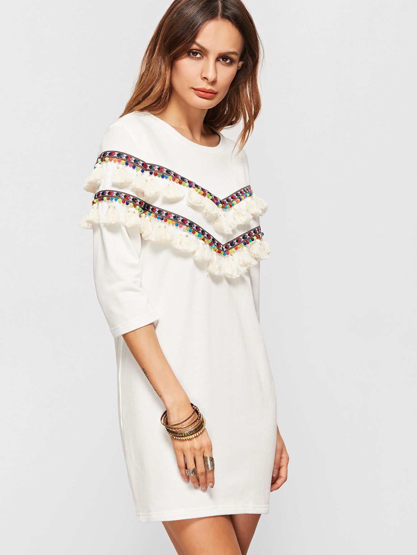 White 3/4 Sleeve Dress With Embroidered Tape And Tassel Detail