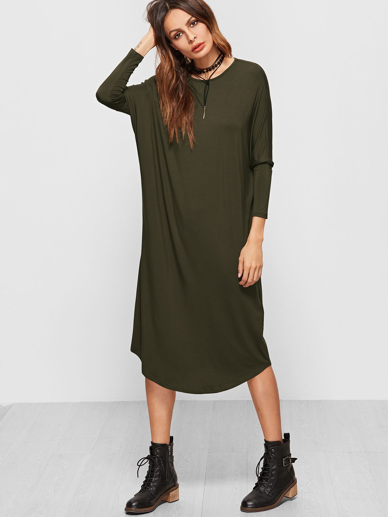 Olive Green Dolman Sleeve Curved Hem Tee Dress