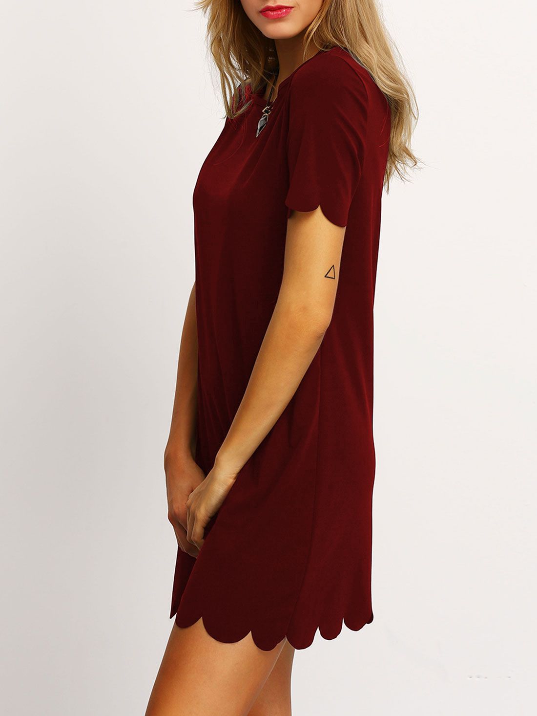 Burgundy Buttoned Keyhole Back Scallop Dress