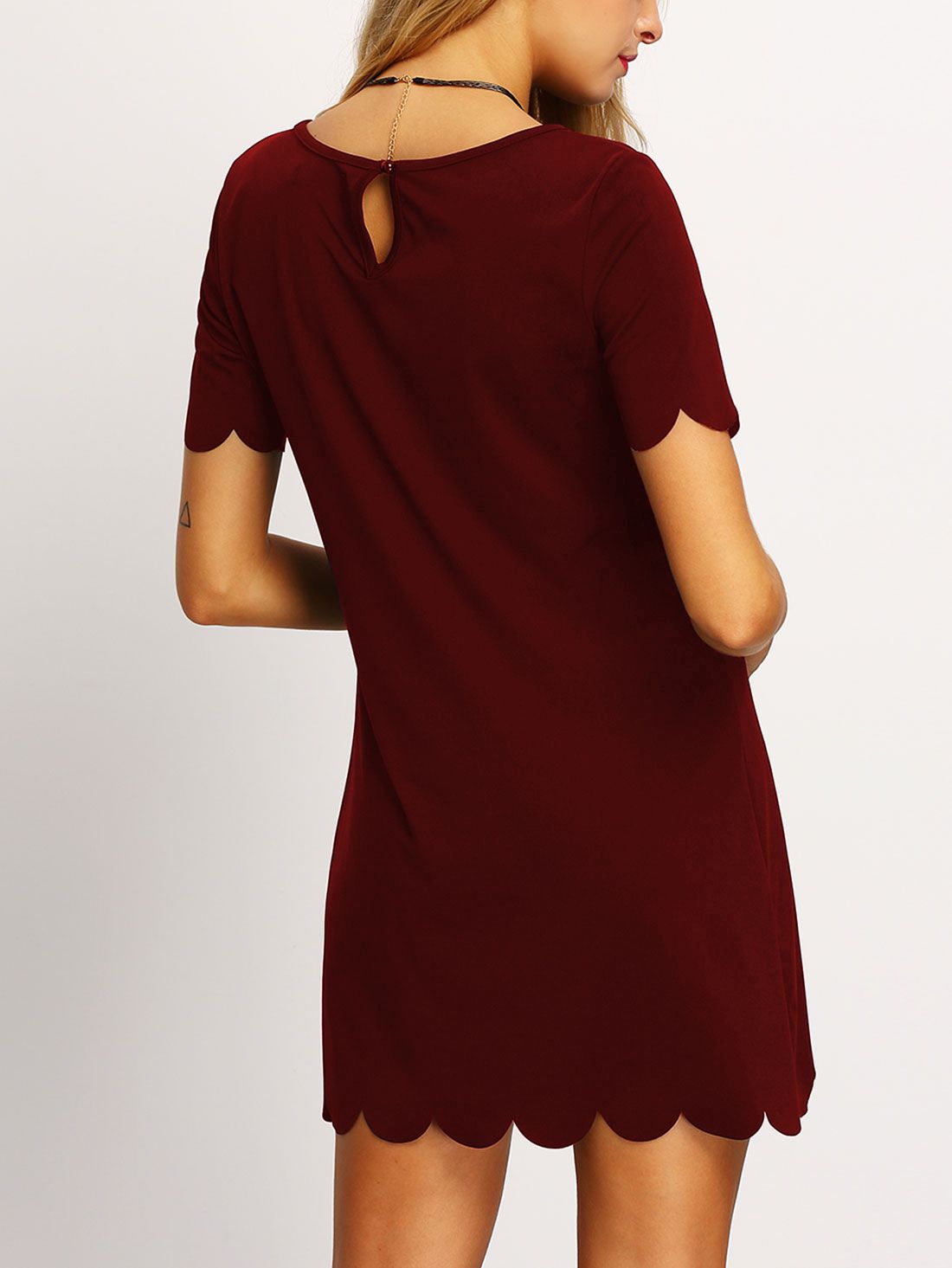 Burgundy Buttoned Keyhole Back Scallop Dress