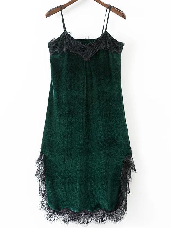 Green Eyelash Detail Velvet Cami Dress