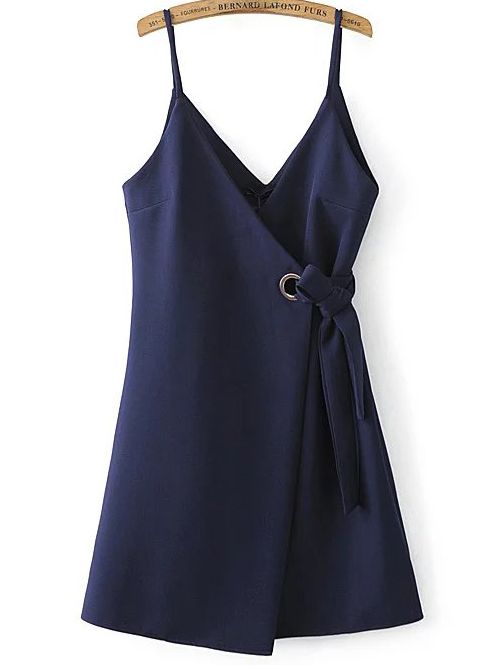 Navy Spaghetti Strap Side Tie Asymmetrical Dress