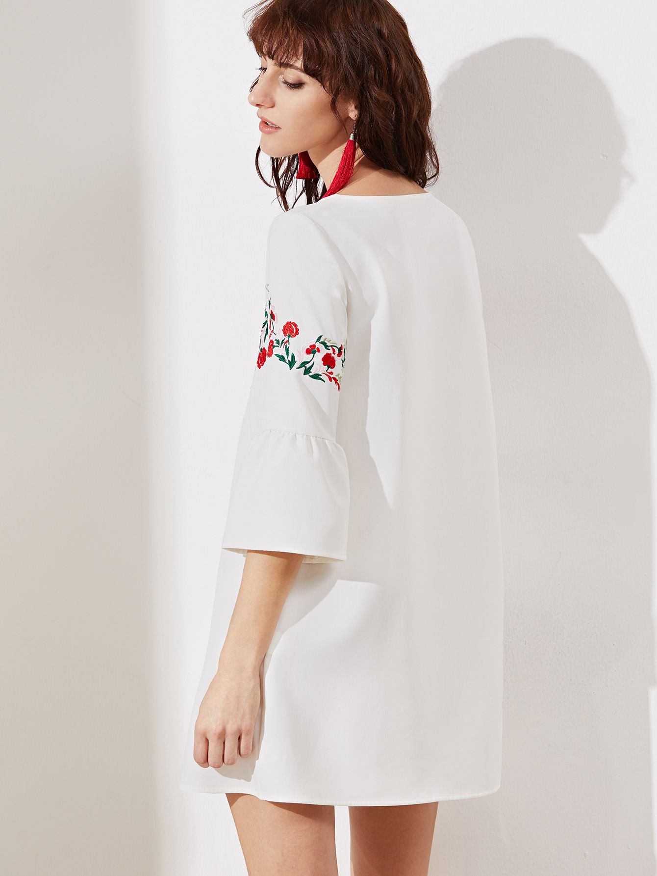 White Bell Sleeve Embroidered Tunic Dress