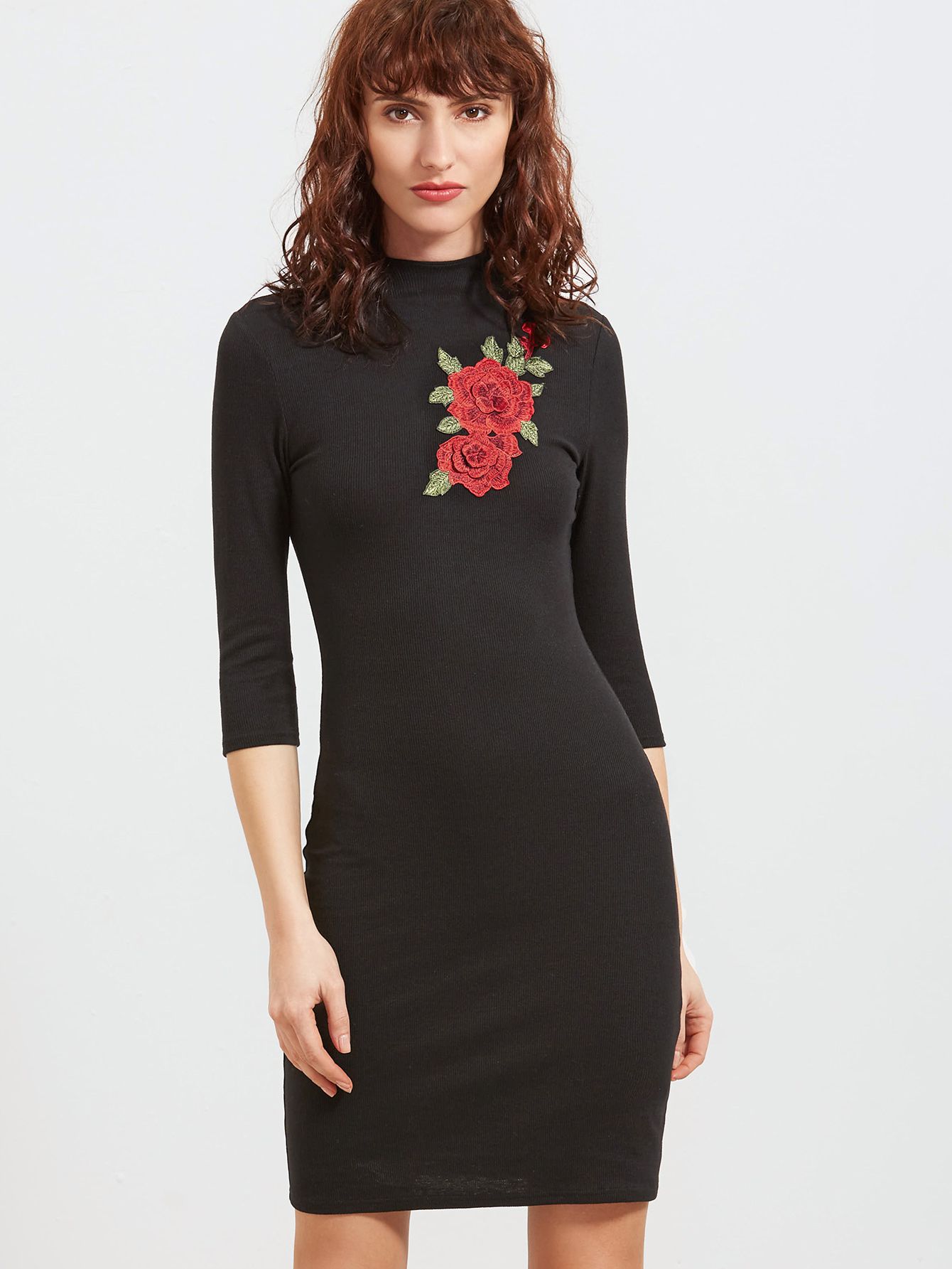 Black Mock Neck Embroidered Rose Applique Ribbed Sheath Dress