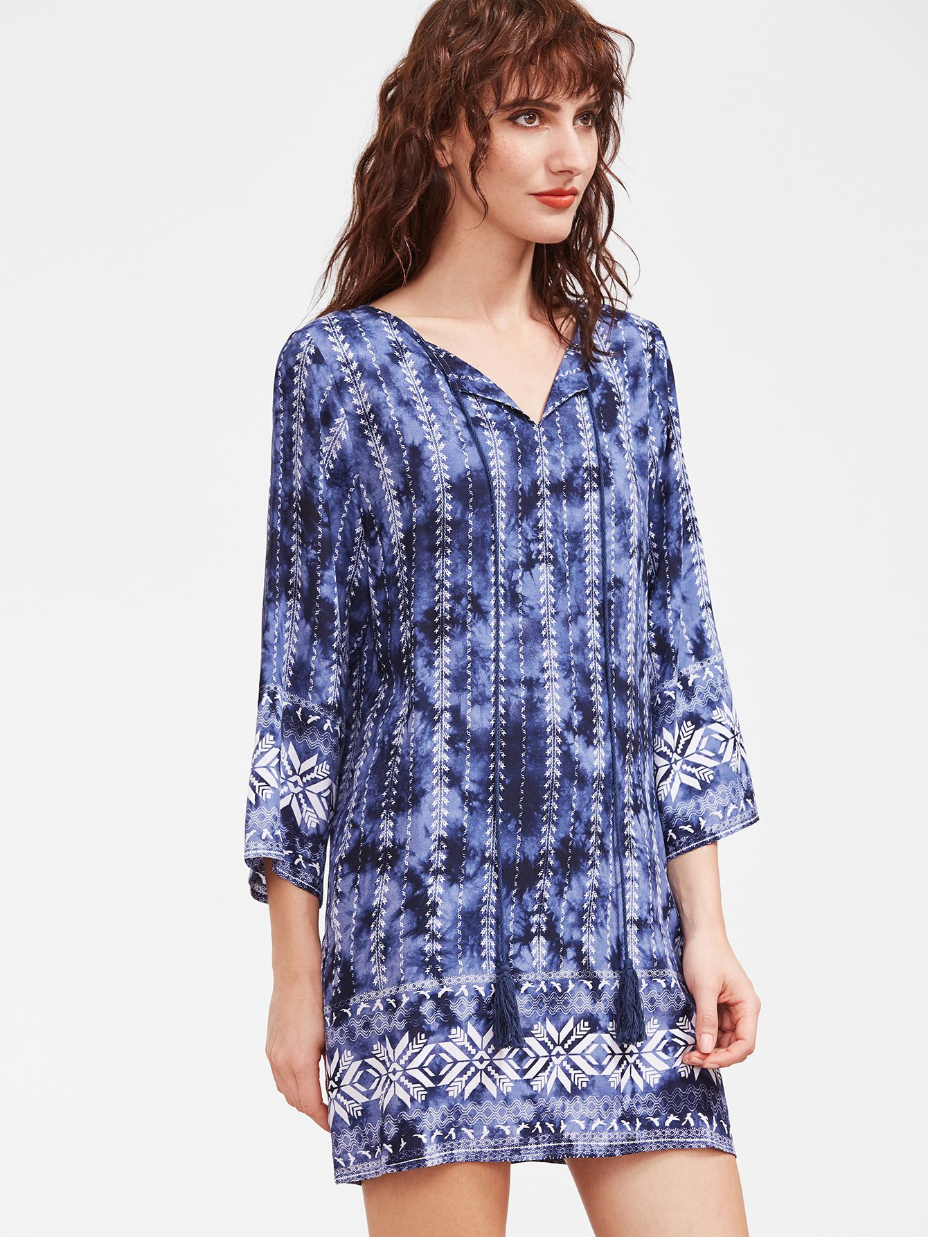 Blue Tie Dye Print Tassel Tie Neck 3/4 Sleeve Dress