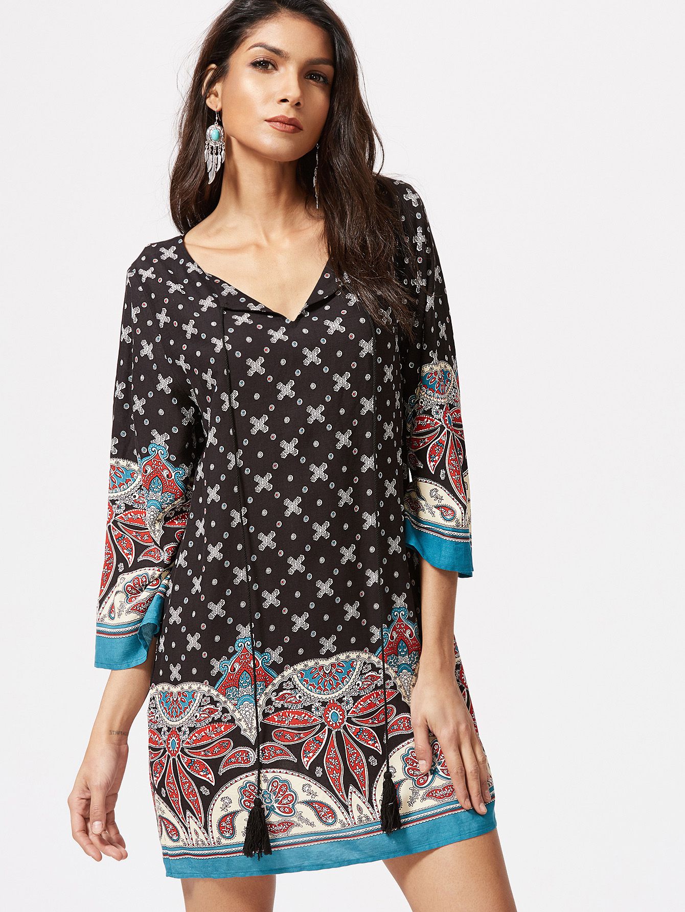 Black Ornate Print Tassel Tie Neck 3/4 Sleeve Tunic Dress