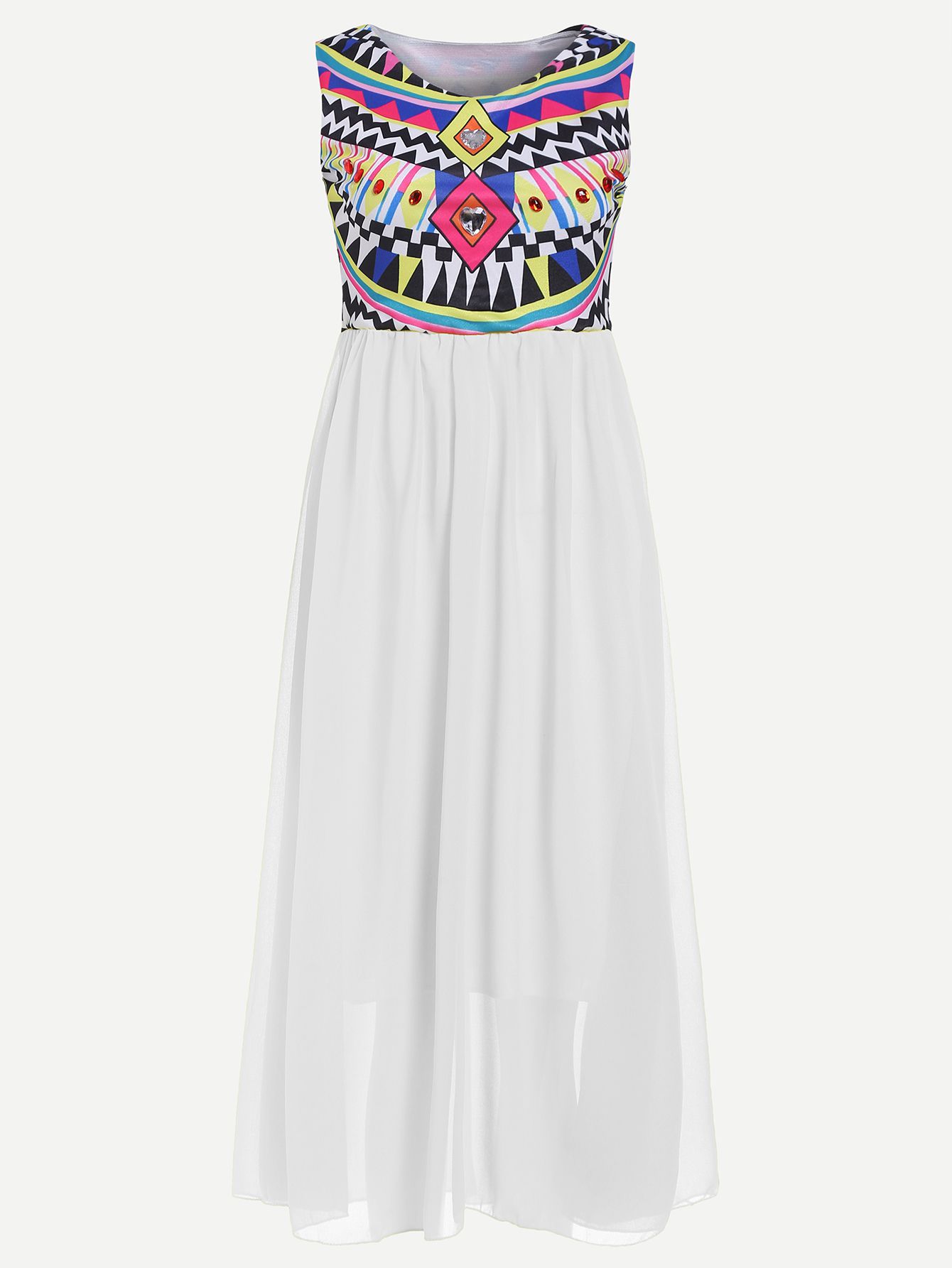 White Geometric Print Sleeveless Dress